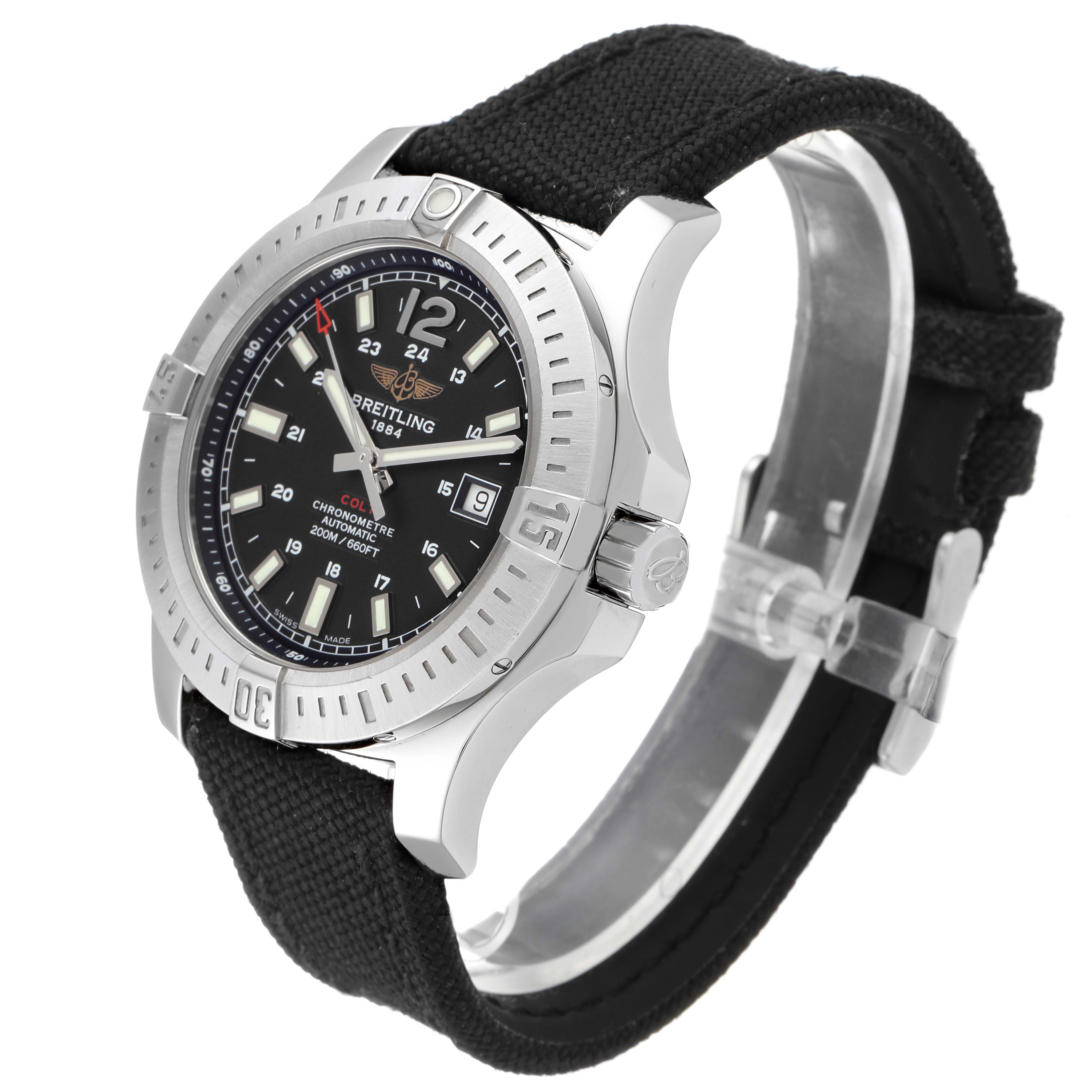 This image shows a side angle of the Breitling Colt A17388 Men's Stainless Steel Black Dial A17388 Men's Stainless Steel Black Dial watch, highlighting the bezel, dial, and strap.