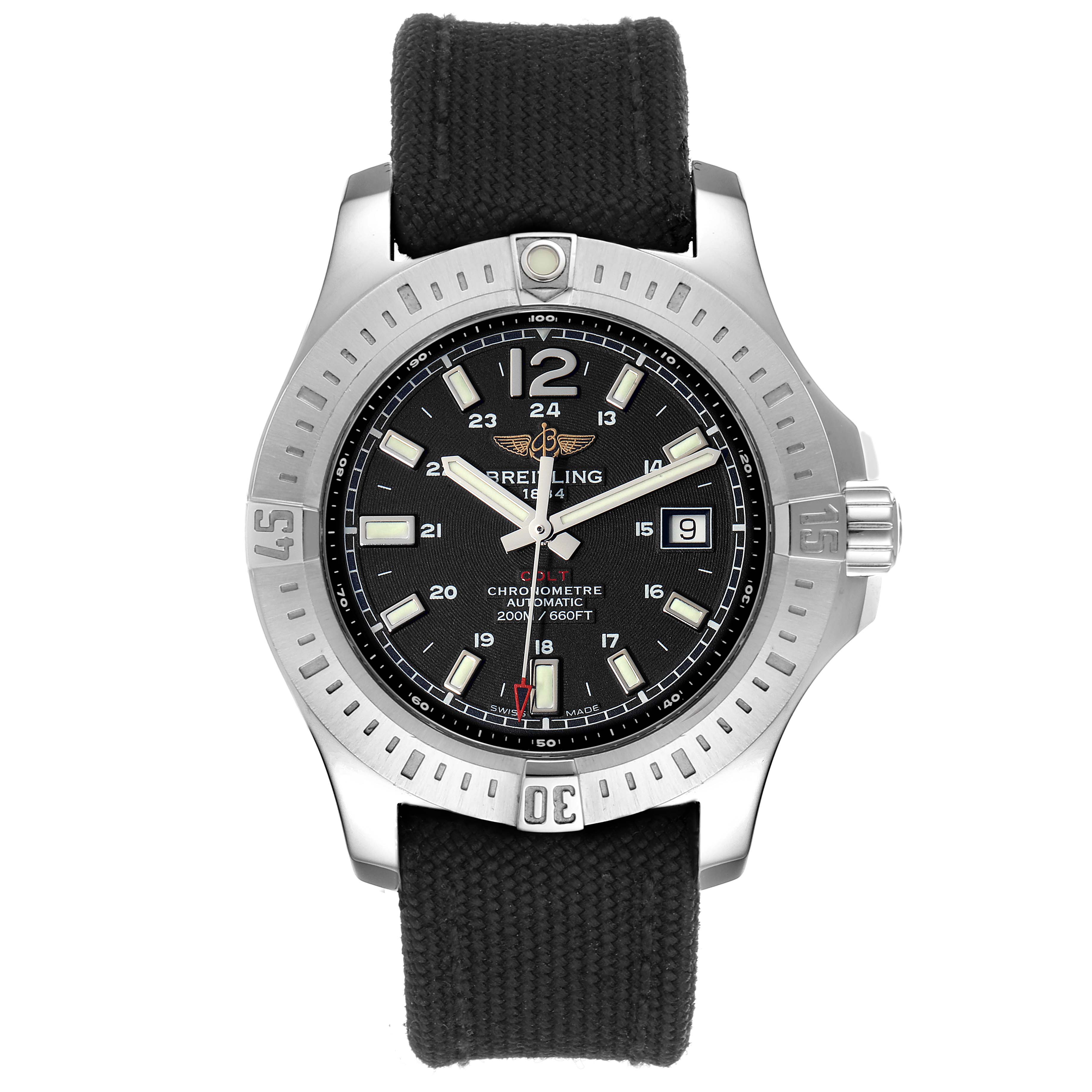 The image shows a front view of the Breitling Colt A17388 Men's Stainless Steel Black Dial A17388 Men's Stainless Steel Black Dial watch, featuring a black dial, stainless steel bezel, and fabric strap.