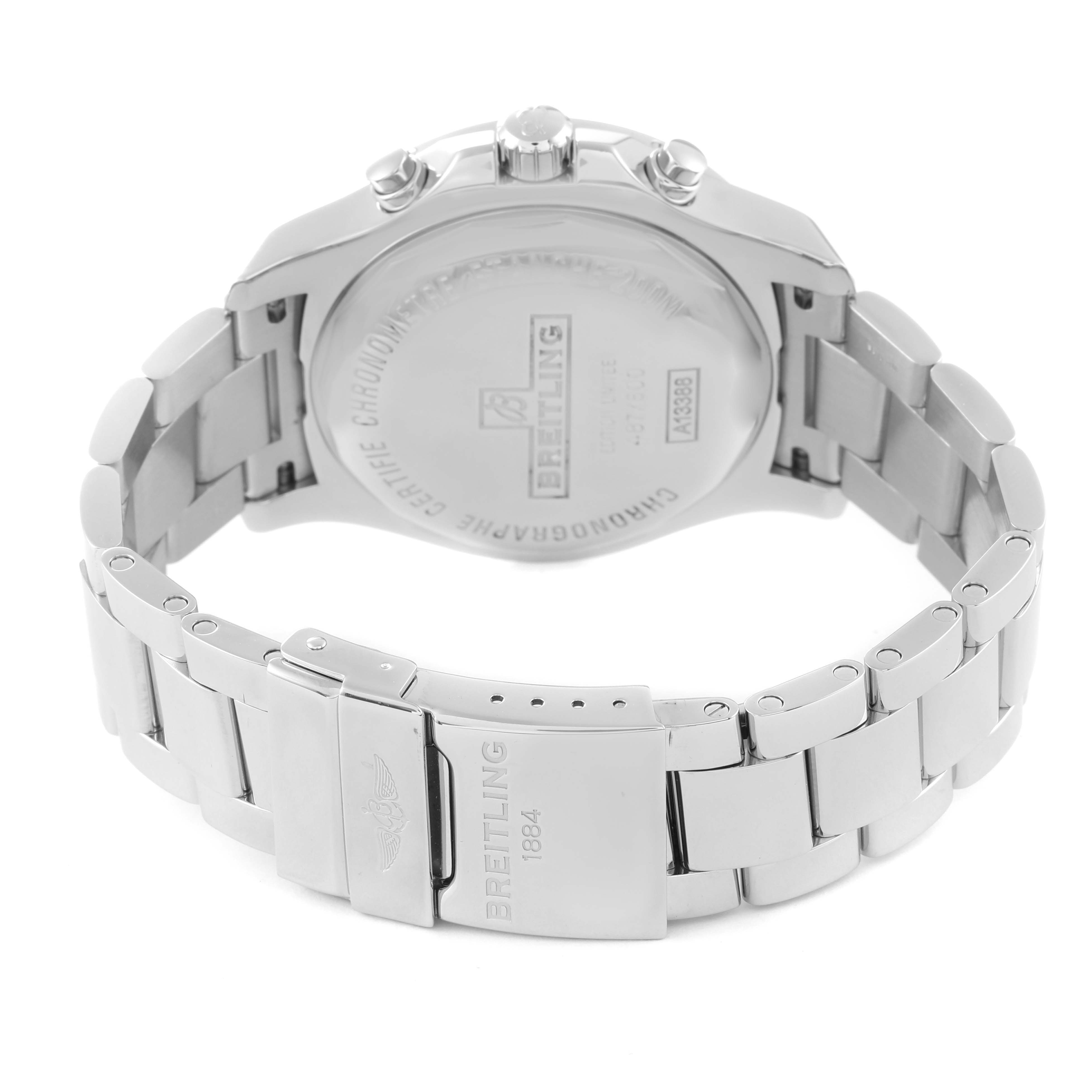 The image shows the back view of a Breitling Limited Series watch, highlighting its case back, bracelet, and clasp.