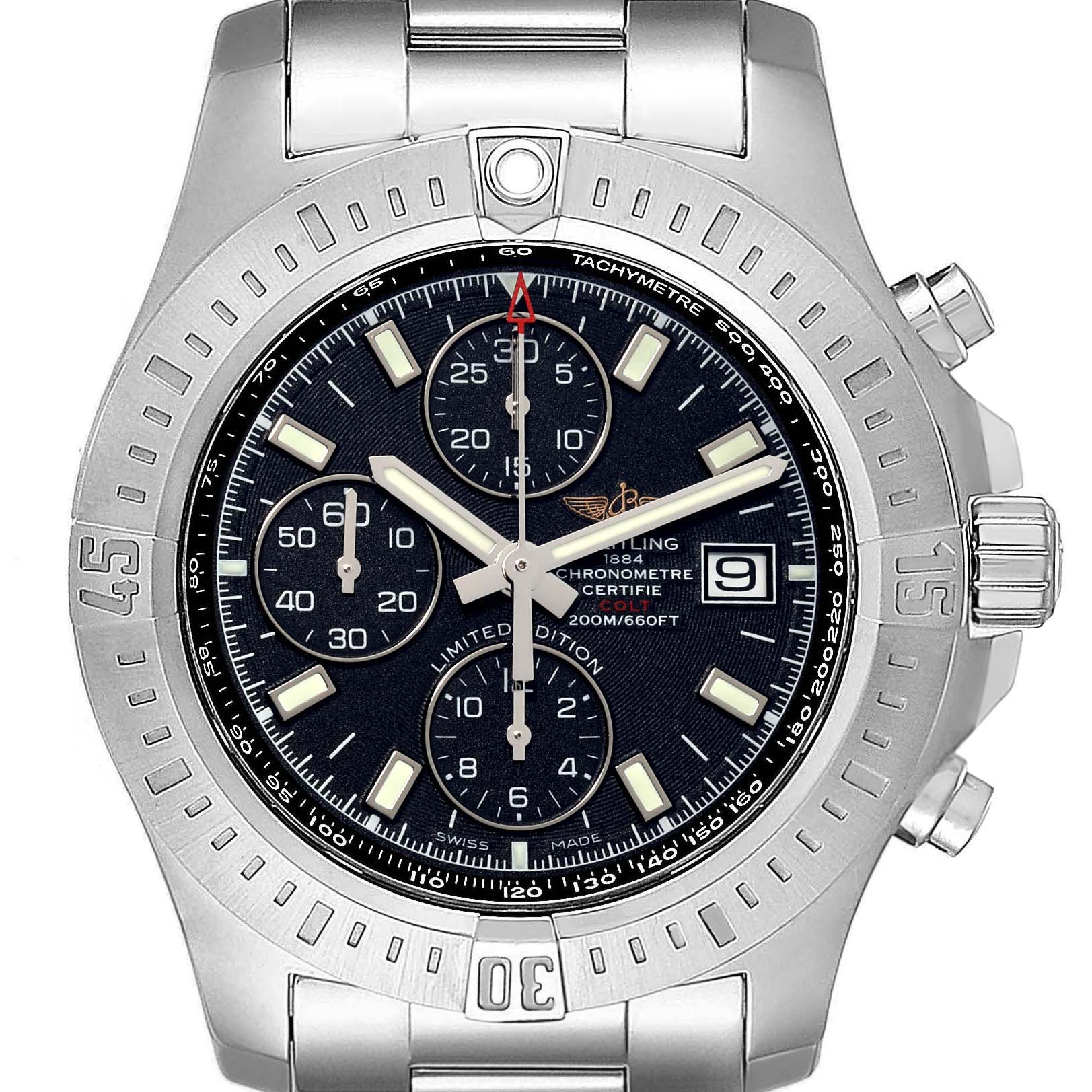 This is a front view of a Breitling Colt A133884Y/BE68 Men's Stainless Steel Black Dial A133884Y/BE68 Men's Stainless Steel Black Dial watch, showing the case, bezel, dial, subdials, and pushers.