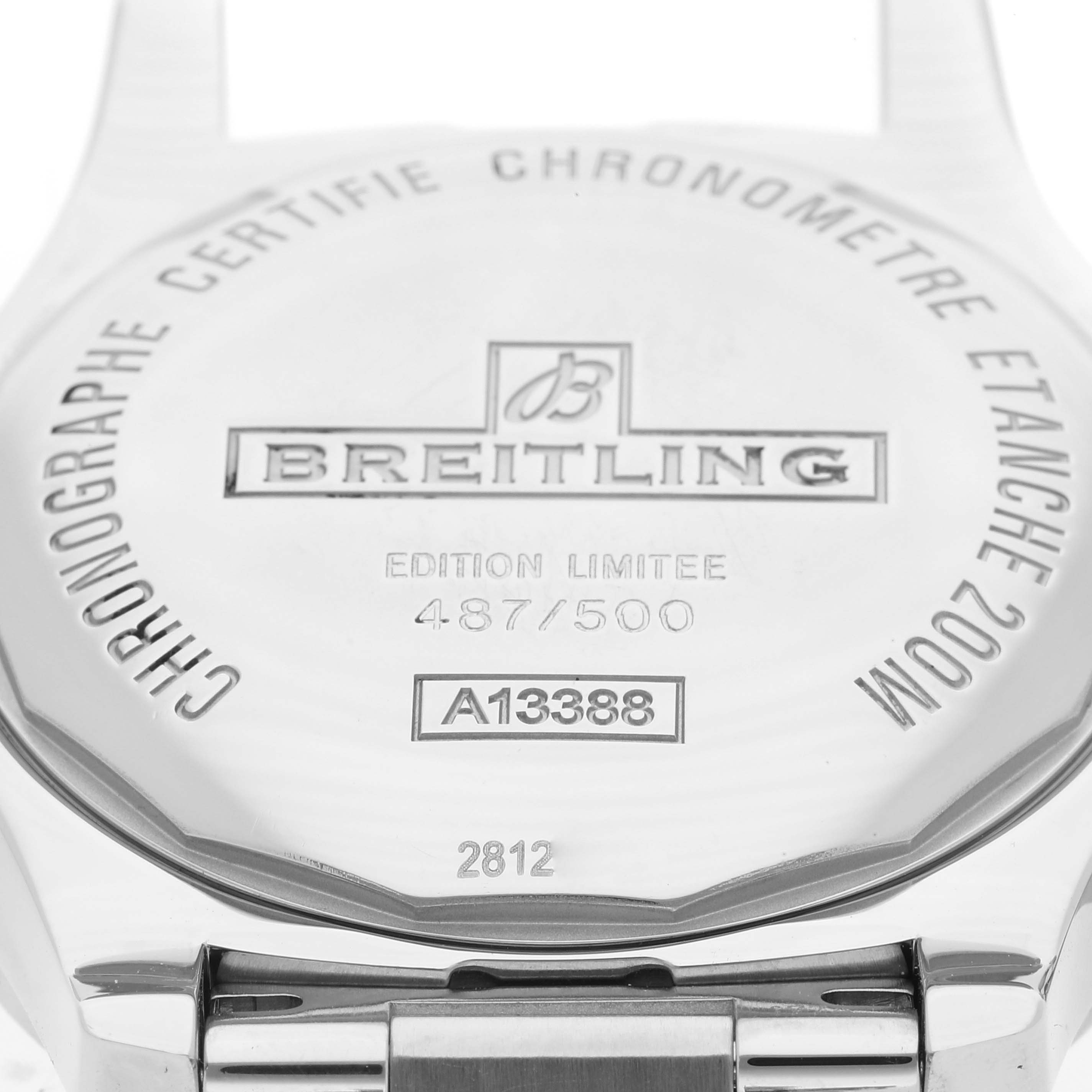 The image shows the back of a Breitling Limited Series model watch, highlighting its engravings and the model number A13388.