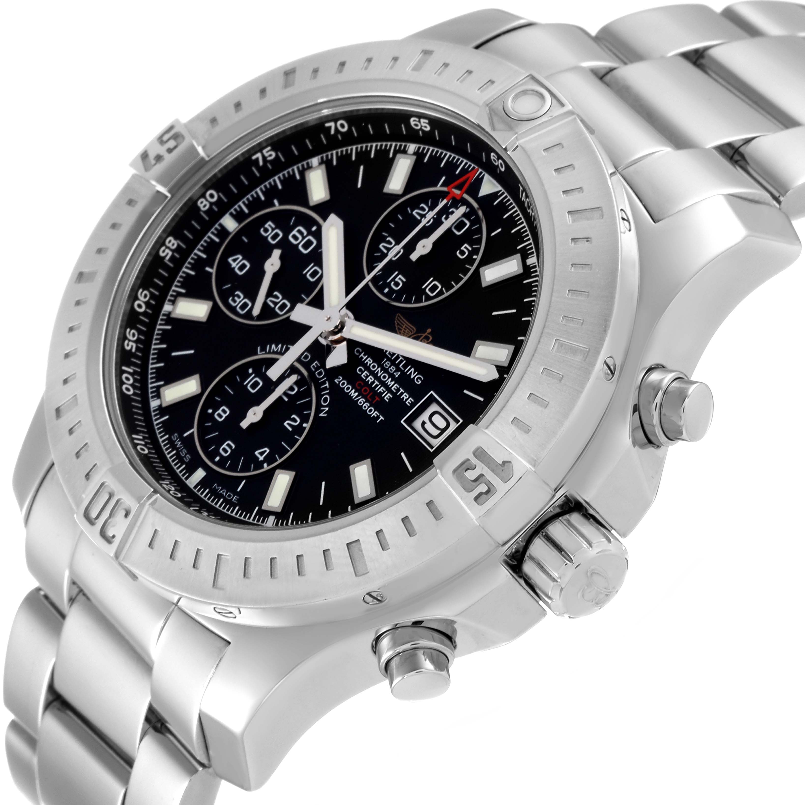 This image shows a Limited Series Breitling watch at an angle highlighting the face, bezel, crown, and part of the bracelet.