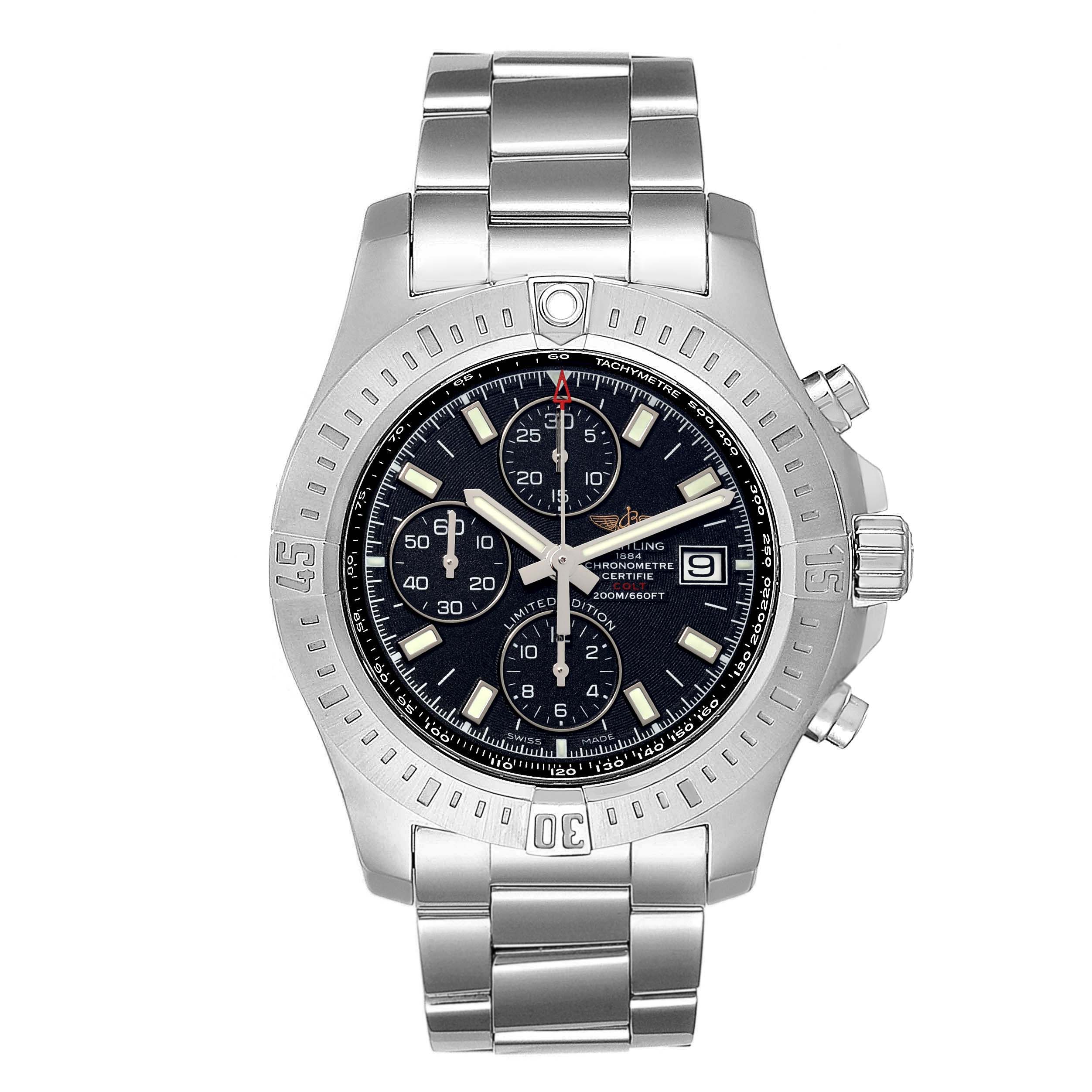 The image shows a front view of a Breitling Limited Series watch, highlighting its dial, bezel, chronograph, and stainless steel bracelet.