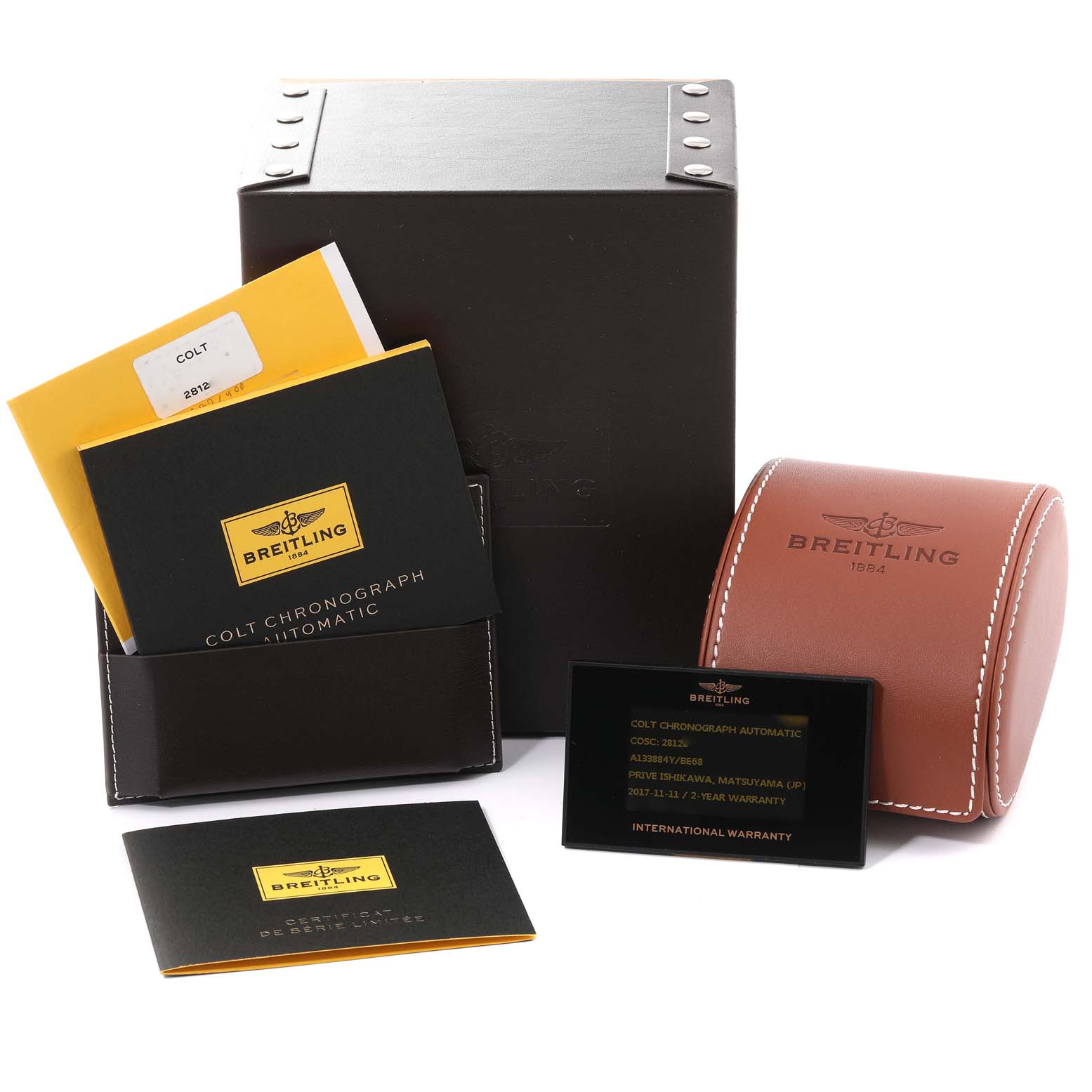 This image shows packaging and documentation for the Breitling Colt A133884Y/BE68 Men's Stainless Steel Black Dial A133884Y/BE68 Men's Stainless Steel Black Dial Chronograph Limited Series model.