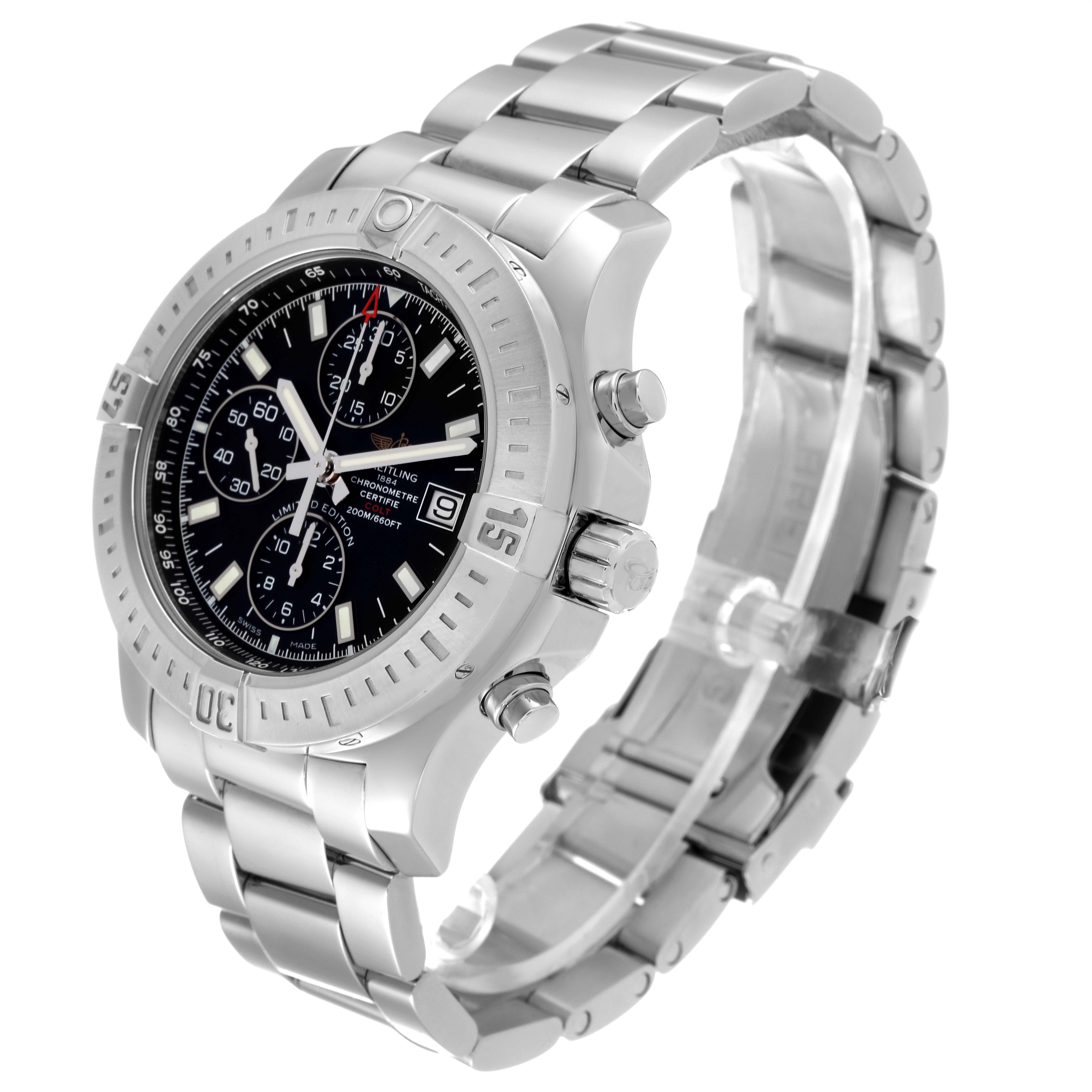 The image shows a side angle of a Breitling Limited Series watch, highlighting its bezel, dial, crown, and metal bracelet.