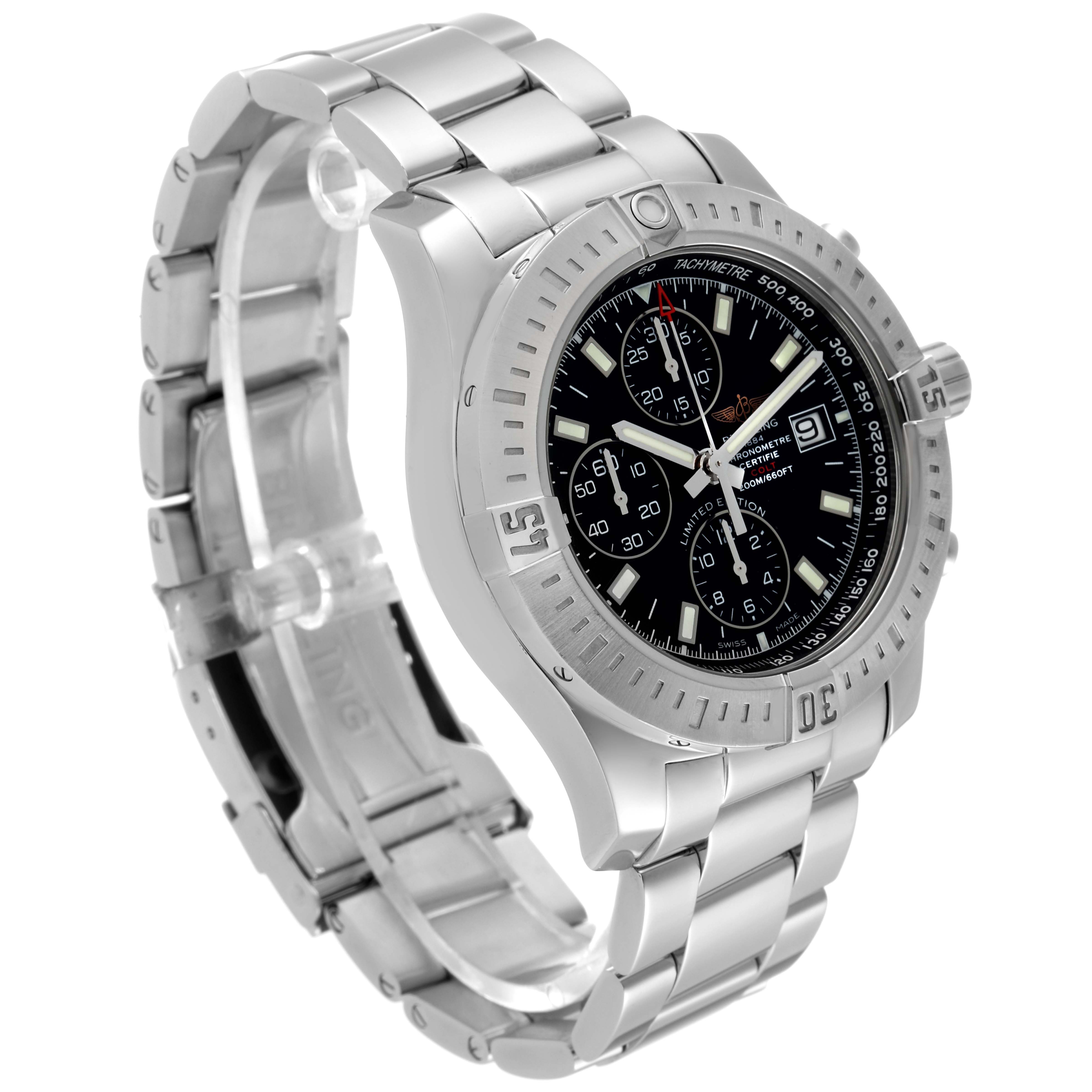 This image shows a side angle of the Breitling Limited Series watch, highlighting the face, bezel, and metal strap.