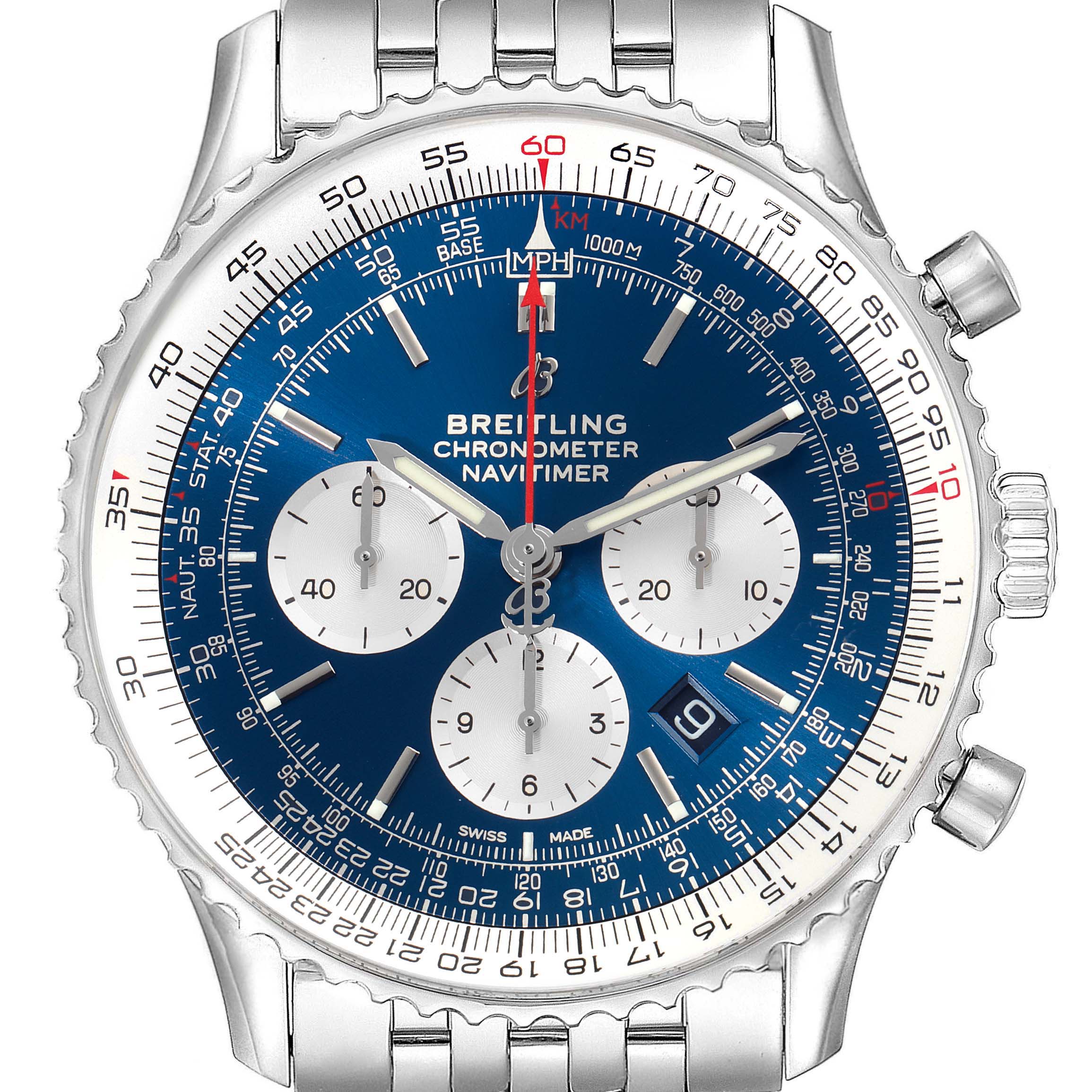 The image shows a top-down view of the Breitling Navitimer AB0127211C1A1 Men's Stainless Steel Blue Dial AB0127211C1A1 Men's Stainless Steel Blue Dial watch with a blue dial and a stainless steel bracelet.