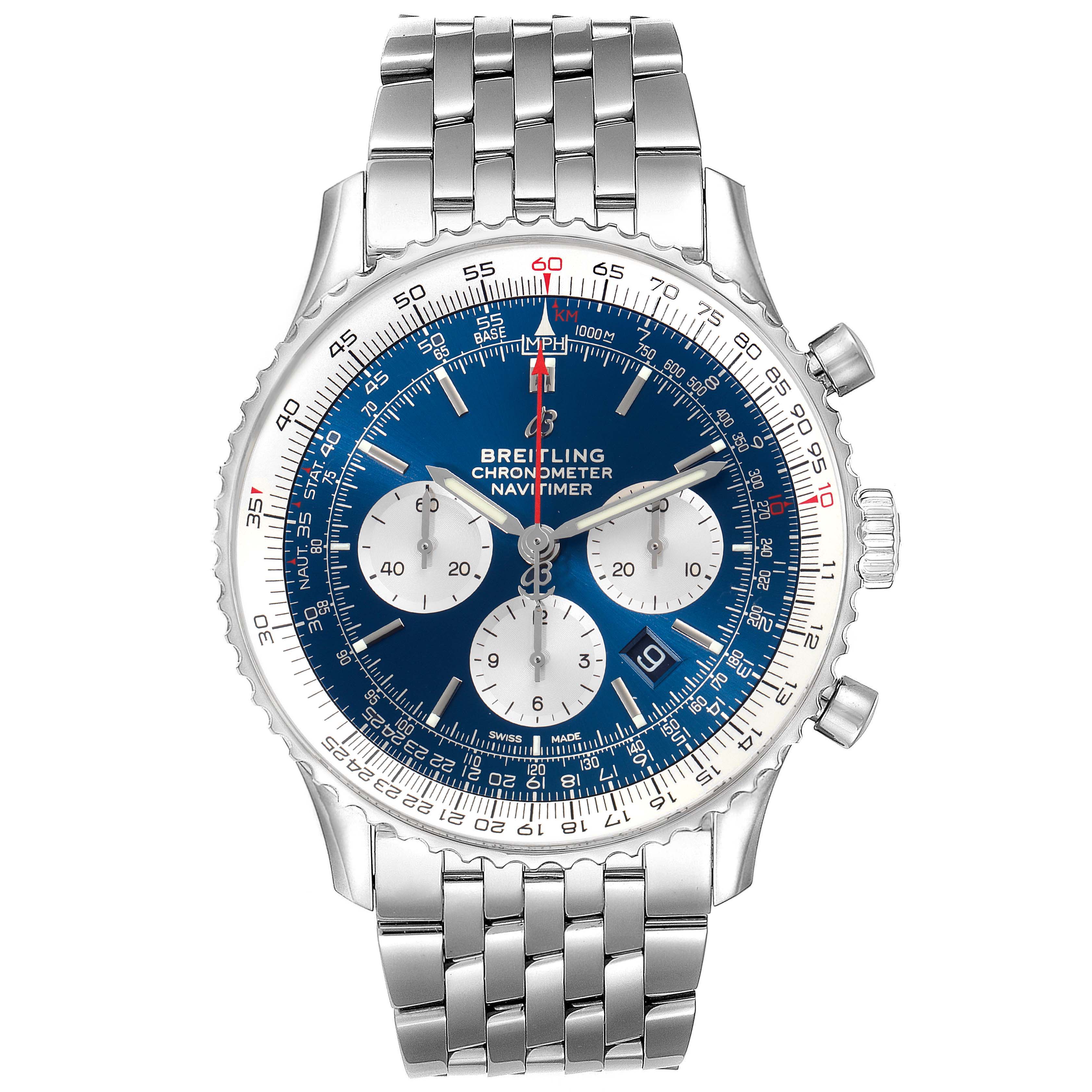 This image shows a front view of a Breitling Navitimer AB0127211C1A1 Men's Stainless Steel Blue Dial AB0127211C1A1 Men's Stainless Steel Blue Dial watch, including the dial, bezel, and metal bracelet.