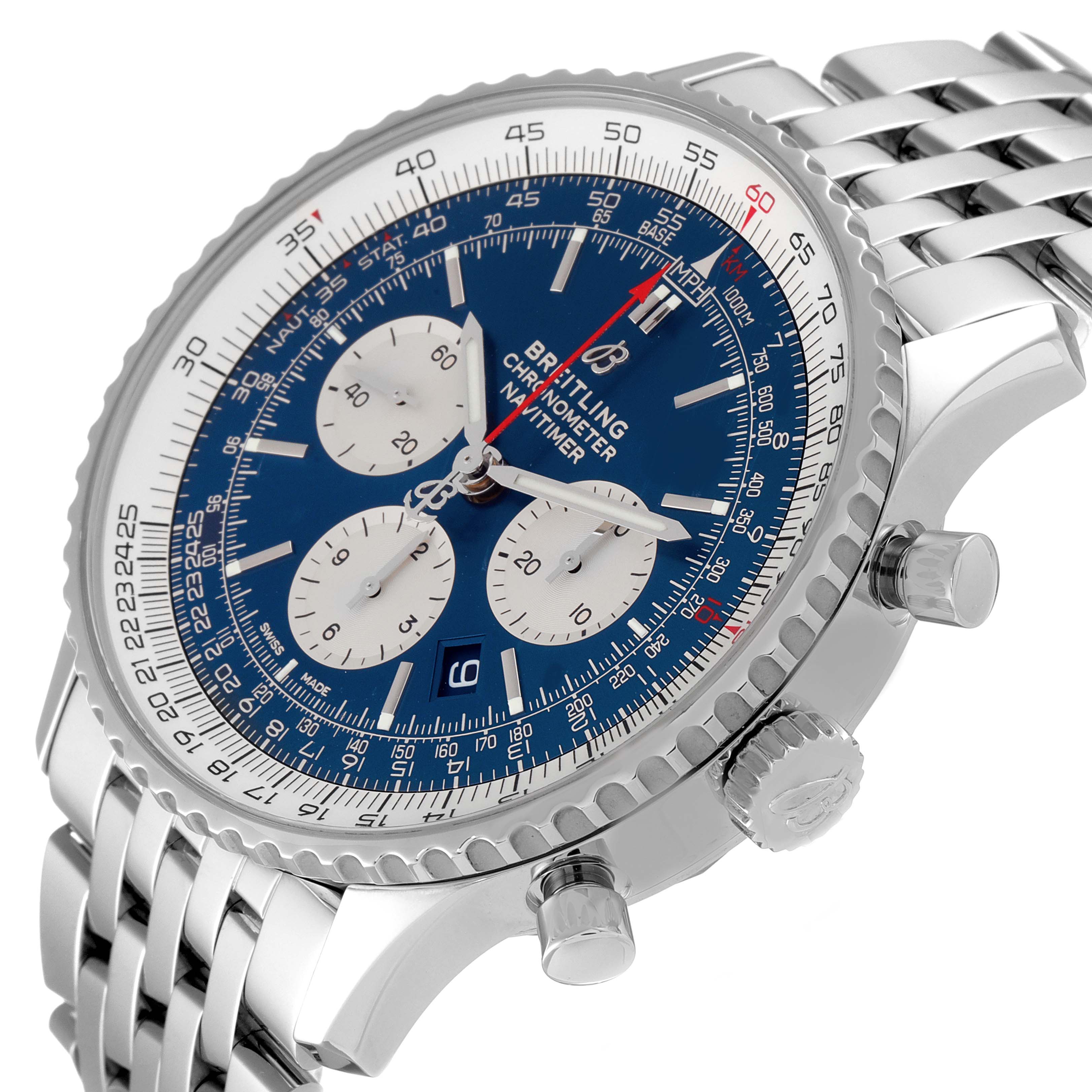 The image shows a Breitling Navitimer AB0127211C1A1 Men's Stainless Steel Blue Dial AB0127211C1A1 Men's Stainless Steel Blue Dial watch at a slight angle, highlighting the dial, bezel, crown, and pushers.