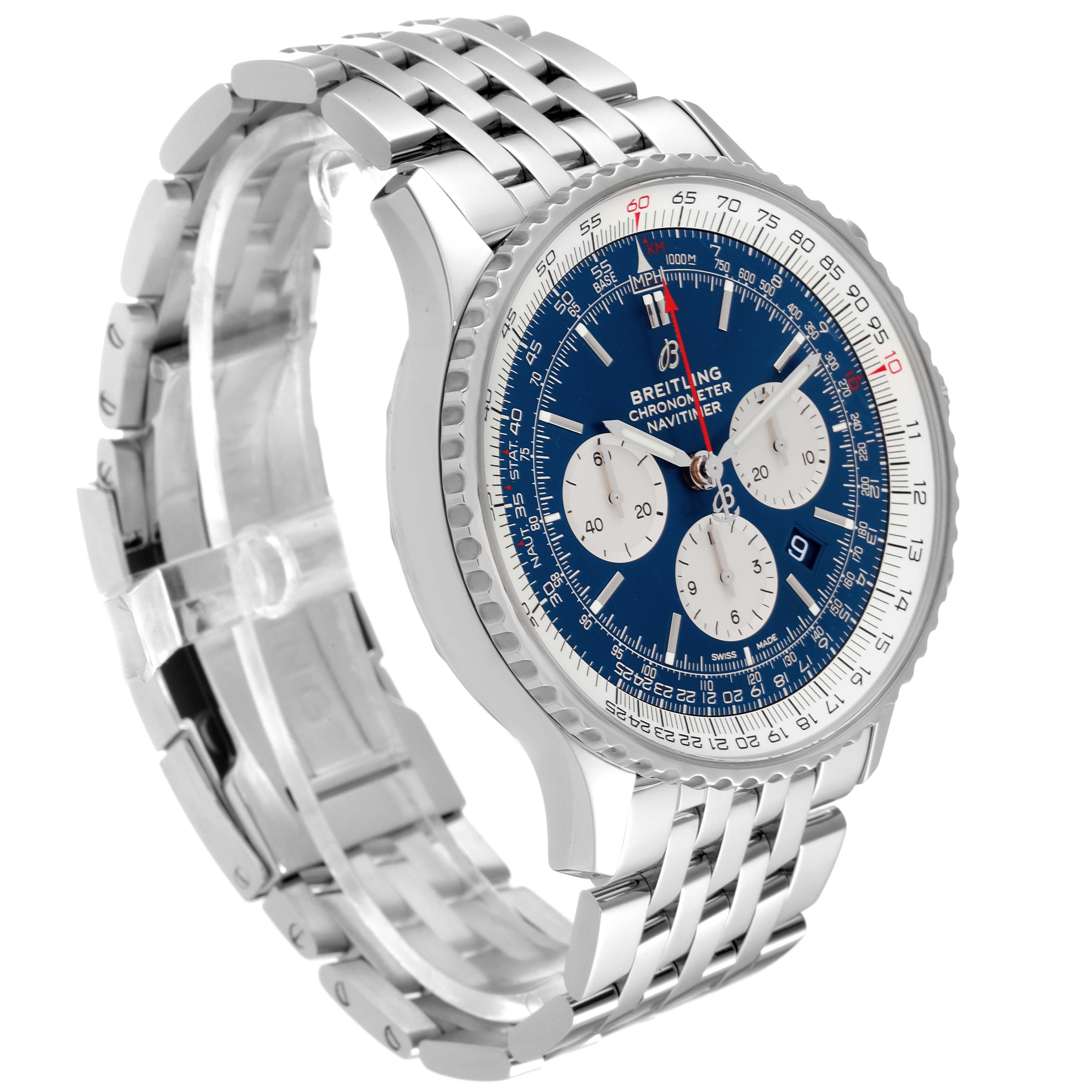 The image shows a Breitling Navitimer AB0127211C1A1 Men's Stainless Steel Blue Dial AB0127211C1A1 Men's Stainless Steel Blue Dial watch at an angle displaying the face, bezel, and stainless steel bracelet.