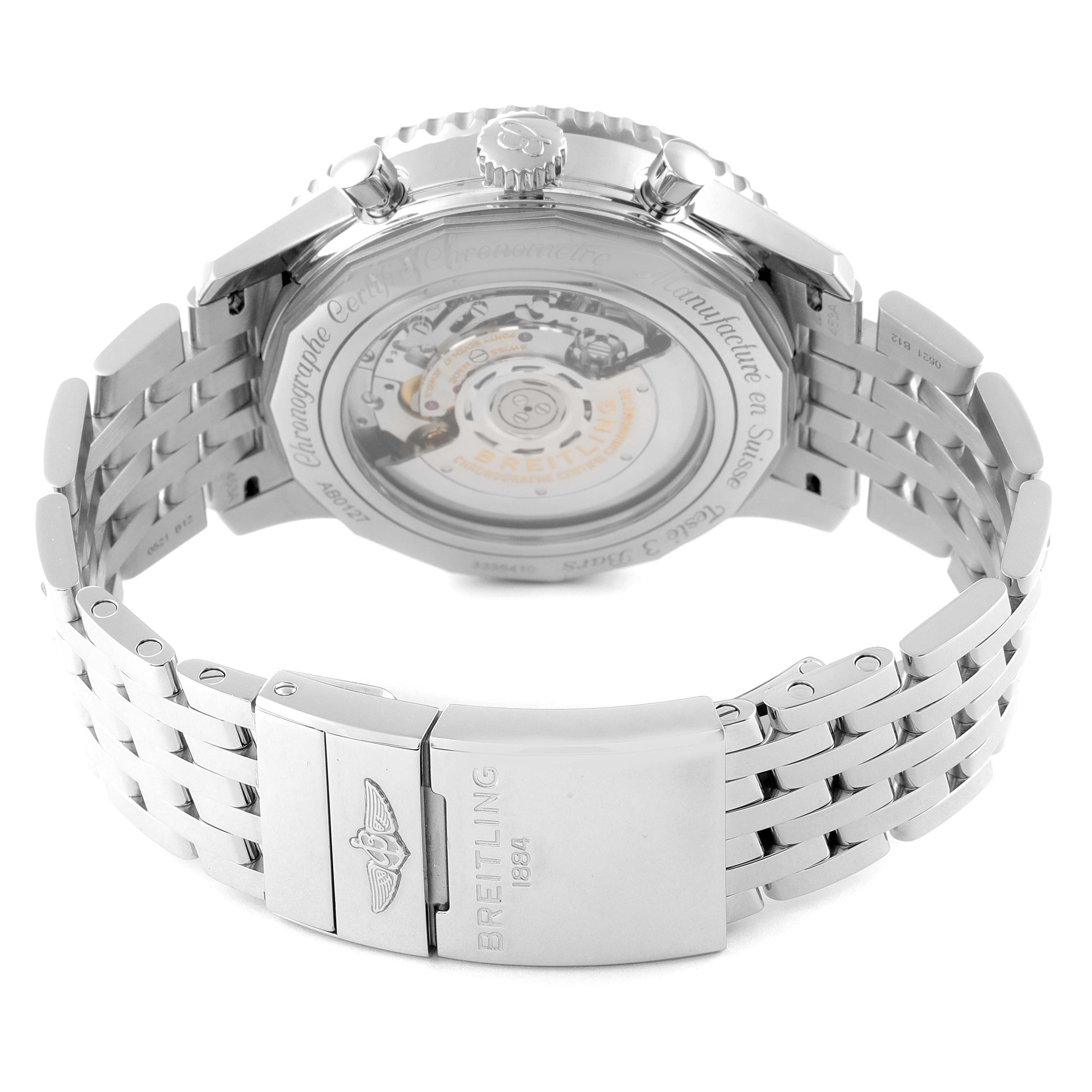 The image shows the back and bracelet of a Breitling Navitimer AB0127211C1A1 Men's Stainless Steel Blue Dial AB0127211C1A1 Men's Stainless Steel Blue Dial watch, highlighting the folding clasp and exhibition case back.