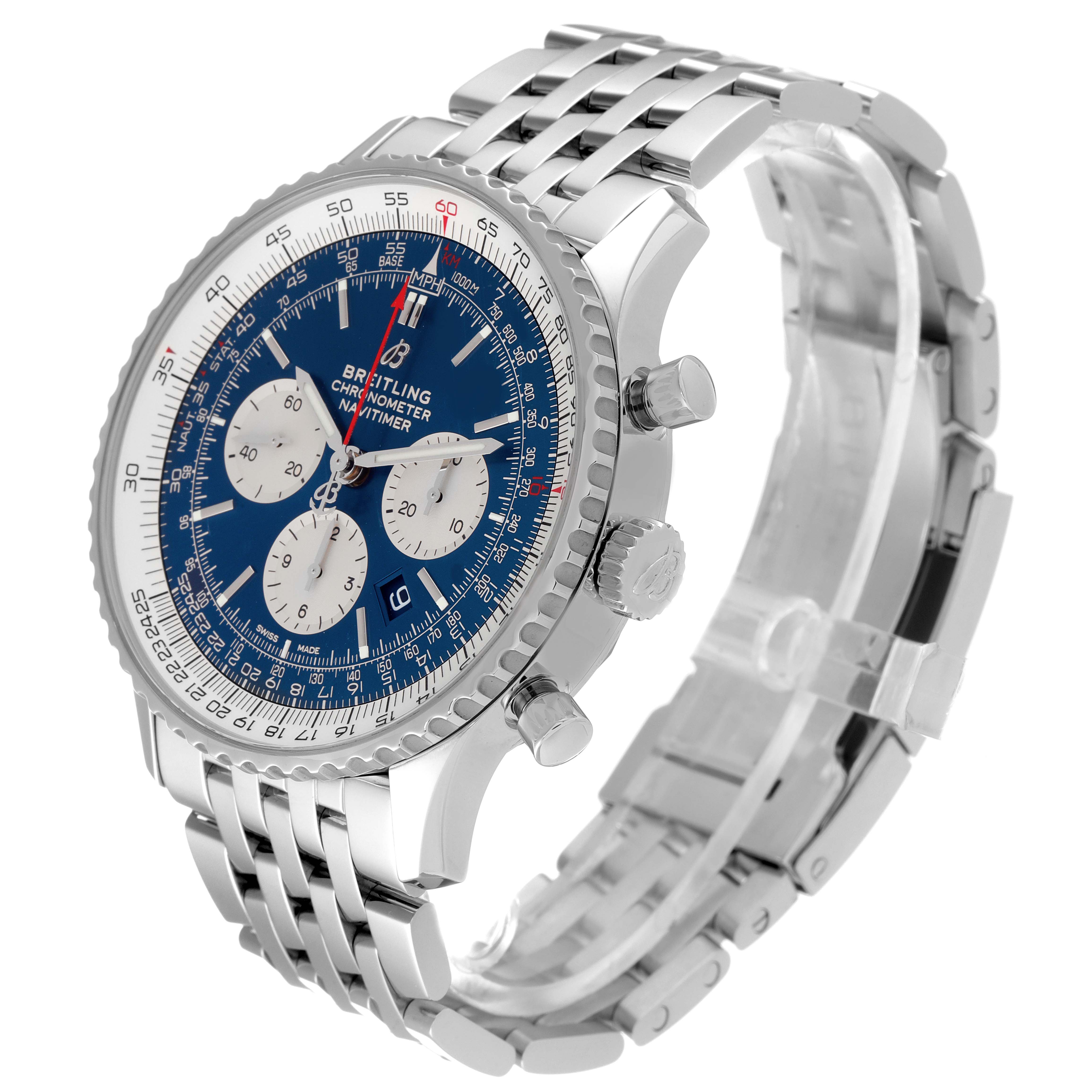 This image shows the Breitling Navitimer AB0127211C1A1 Men's Stainless Steel Blue Dial AB0127211C1A1 Men's Stainless Steel Blue Dial watch at a three-quarter angle, displaying its blue dial, three sub-dials, and metal bracelet.