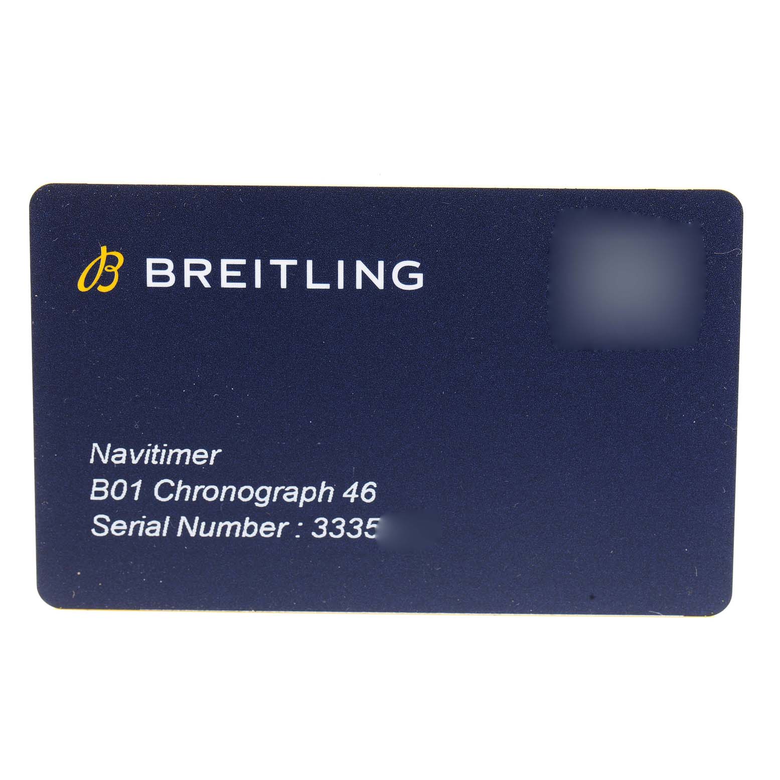 This image shows a Breitling Navitimer AB0127211C1A1 Men's Stainless Steel Blue Dial AB0127211C1A1 Men's Stainless Steel Blue Dial B01 Chronograph 46 identification card, displaying the brand name, model, and serial number.