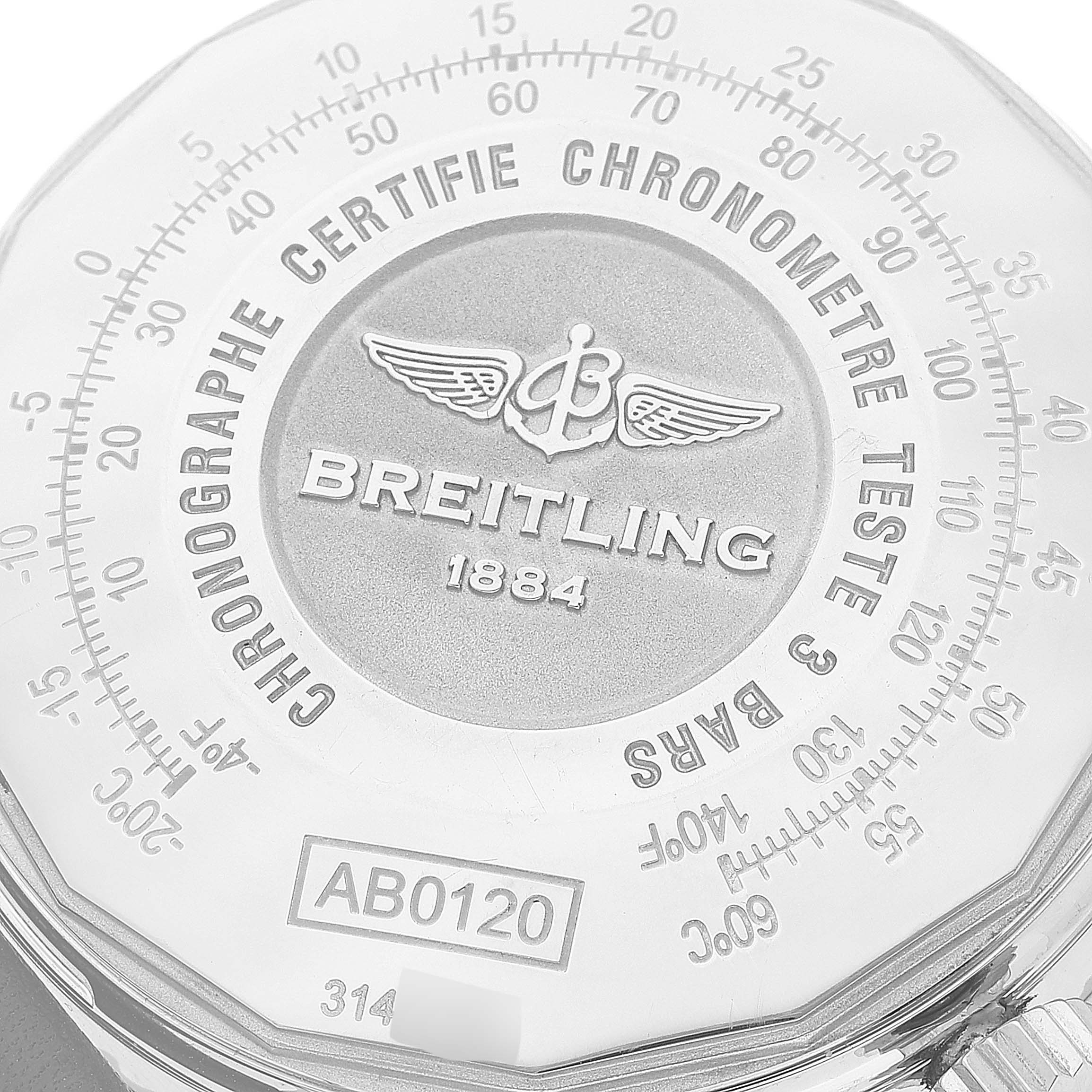 The image shows the close-up of the case back of a Breitling Navitimer AB0120 Men's Stainless Steel Black Dial AB0120 Men's Stainless Steel Black Dial watch featuring branding and specifications.