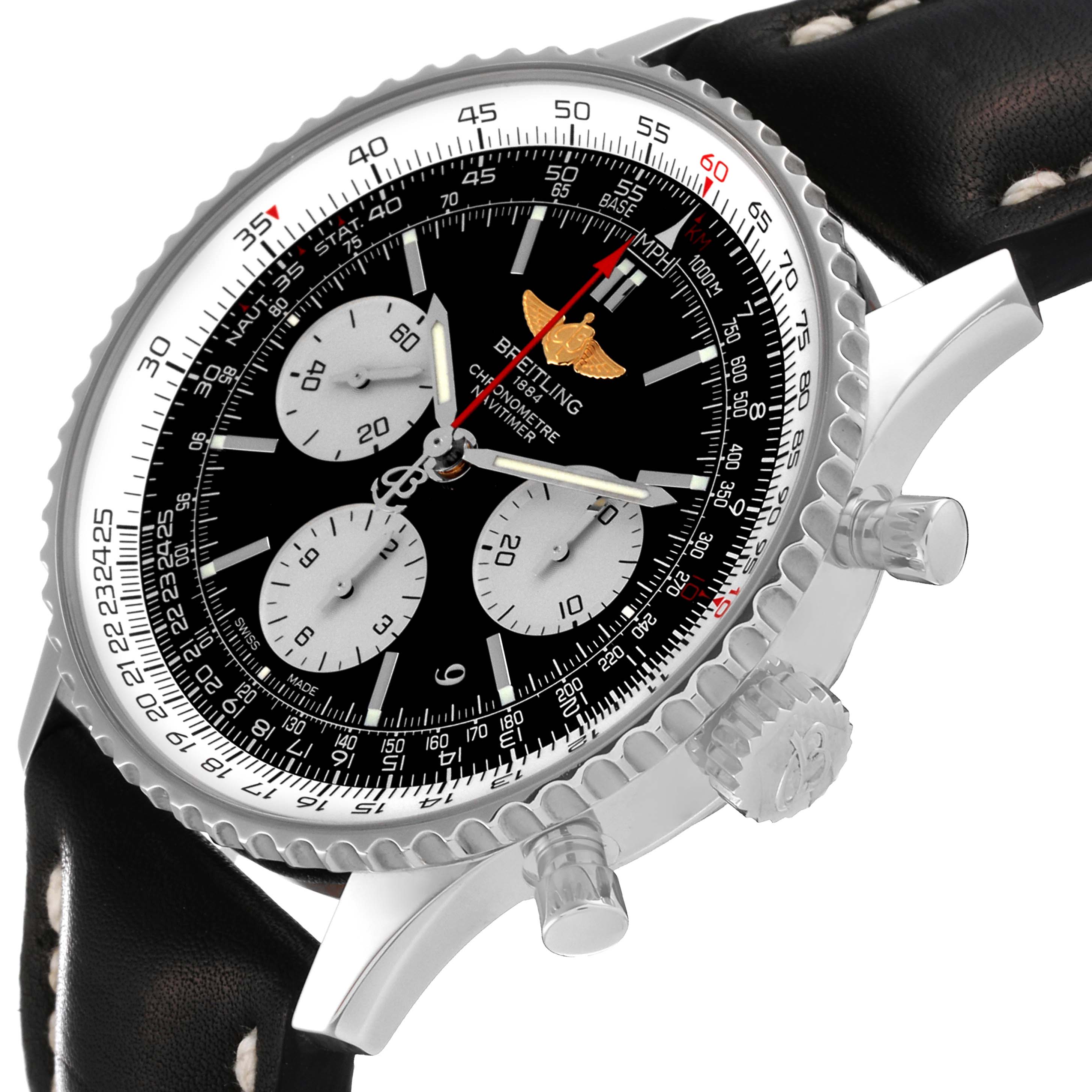 The image shows a close-up angled view of the Breitling Navitimer AB0120 Men's Stainless Steel Black Dial AB0120 Men's Stainless Steel Black Dial watch, highlighting the face, bezel, and crown.