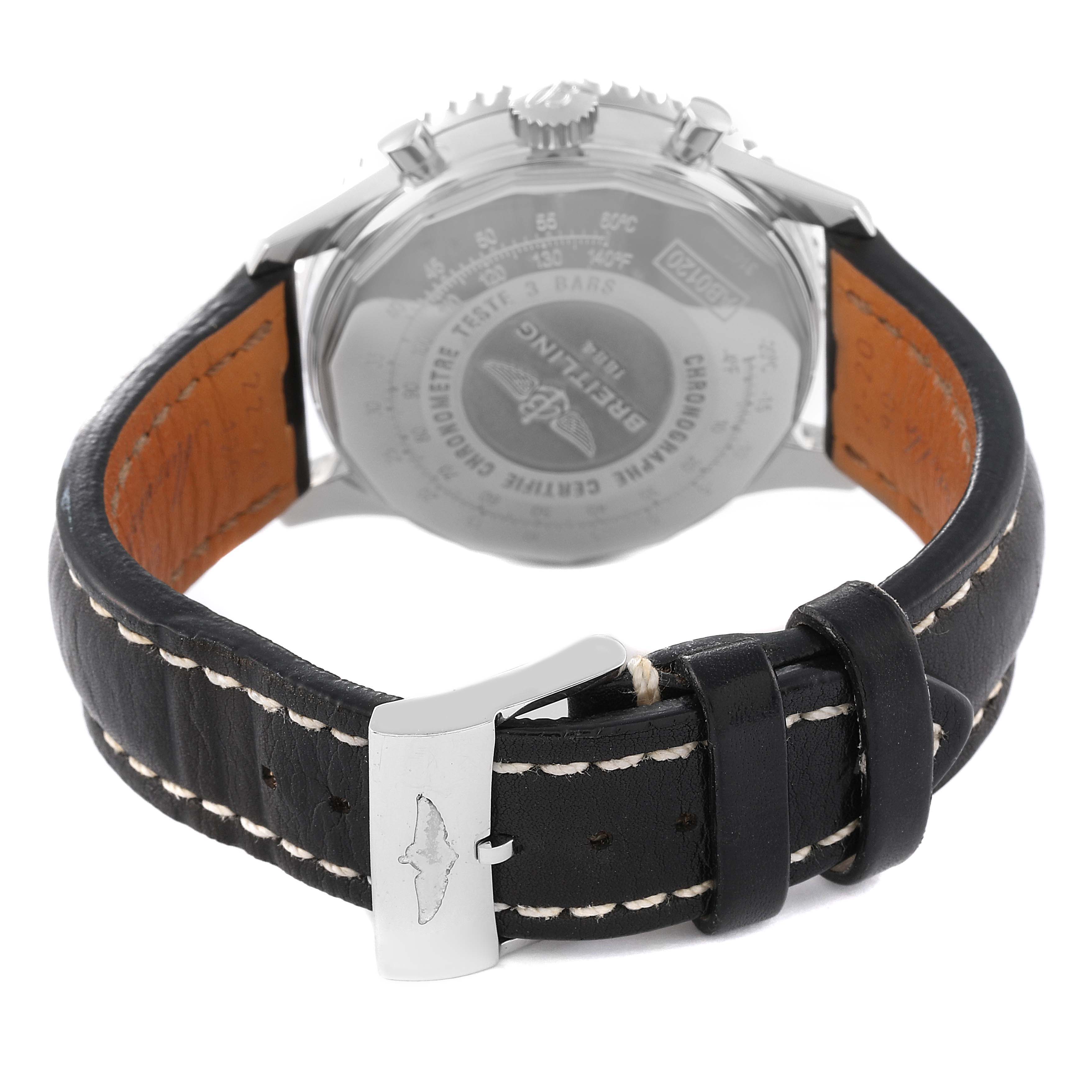 The image shows the rear view of a Breitling Navitimer AB0120 Men's Stainless Steel Black Dial AB0120 Men's Stainless Steel Black Dial watch, focusing on the case back and leather strap with stitching.