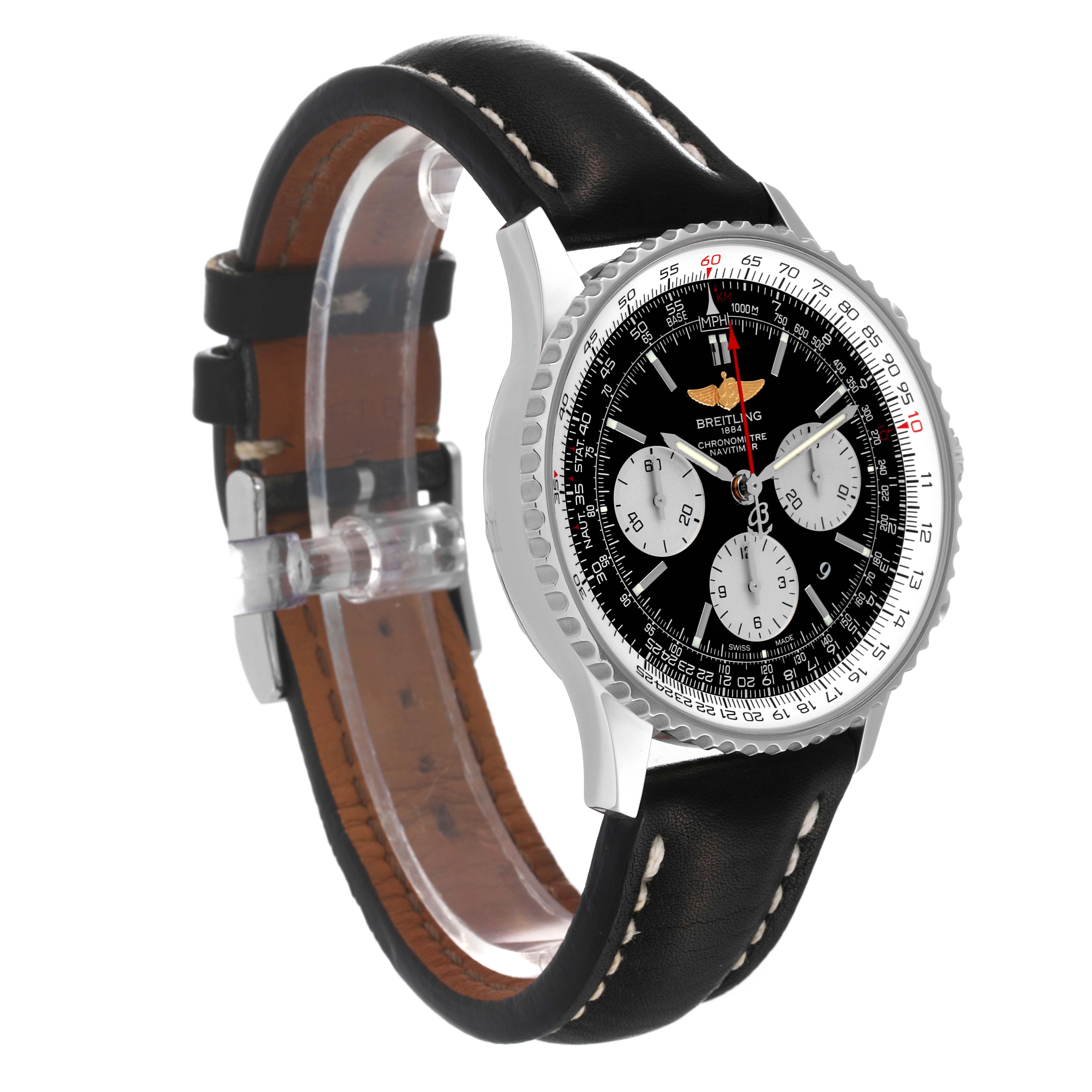 The image shows a Breitling Navitimer AB0120 Men's Stainless Steel Black Dial AB0120 Men's Stainless Steel Black Dial watch at a three-quarter angle, displaying the face and black leather strap.