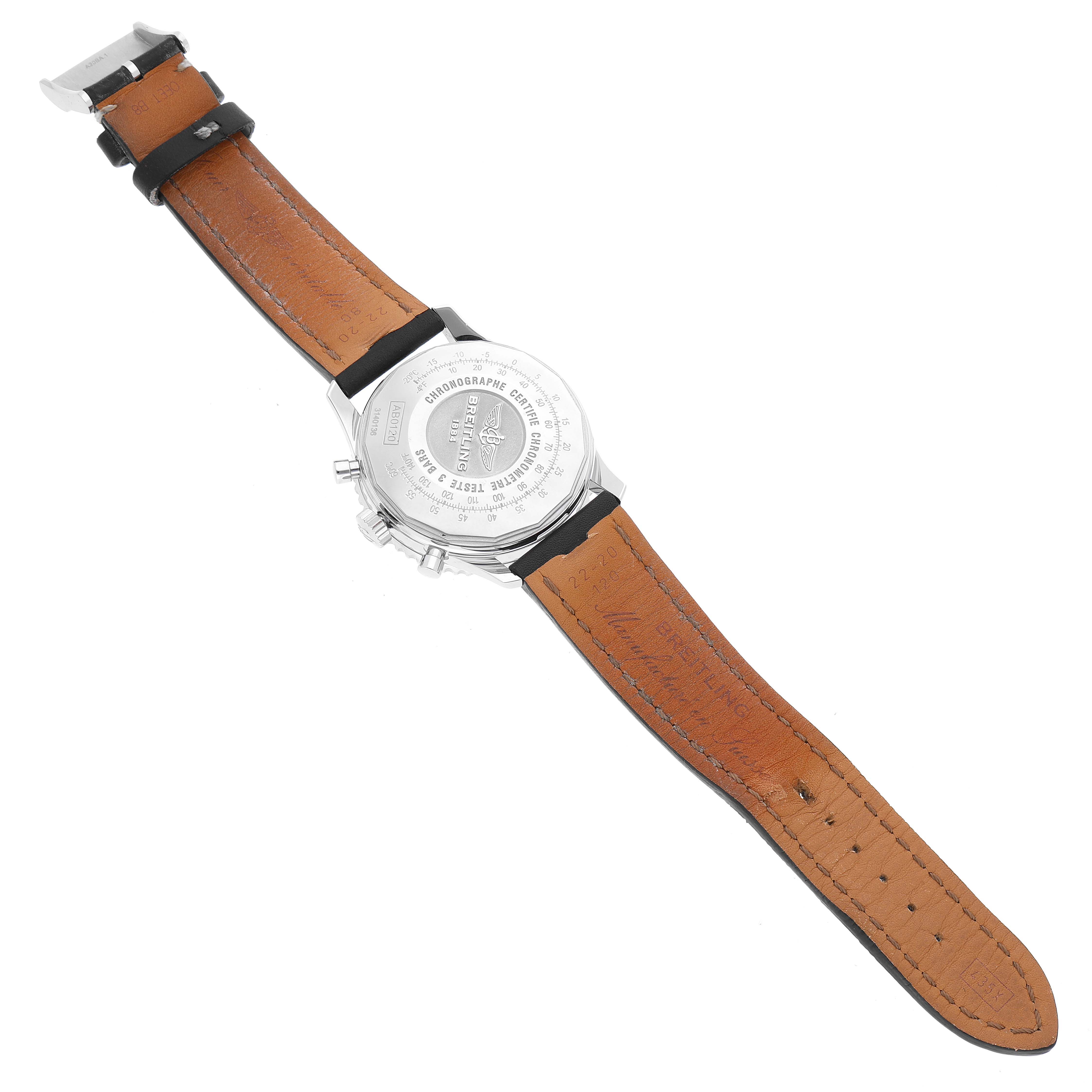 The image shows the back view of a Breitling Navitimer AB0120 Men's Stainless Steel Black Dial AB0120 Men's Stainless Steel Black Dial watch, displaying the case back and leather strap.