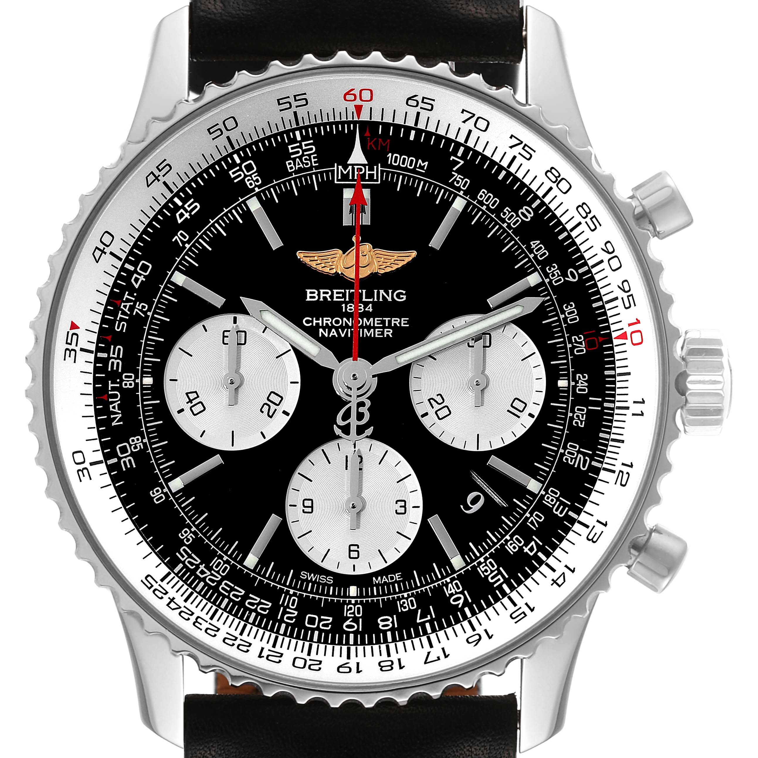 The image shows a front view of the Breitling Navitimer AB0120 Men's Stainless Steel Black Dial AB0120 Men's Stainless Steel Black Dial watch, highlighting its dial, chronograph subdials, and bezel.