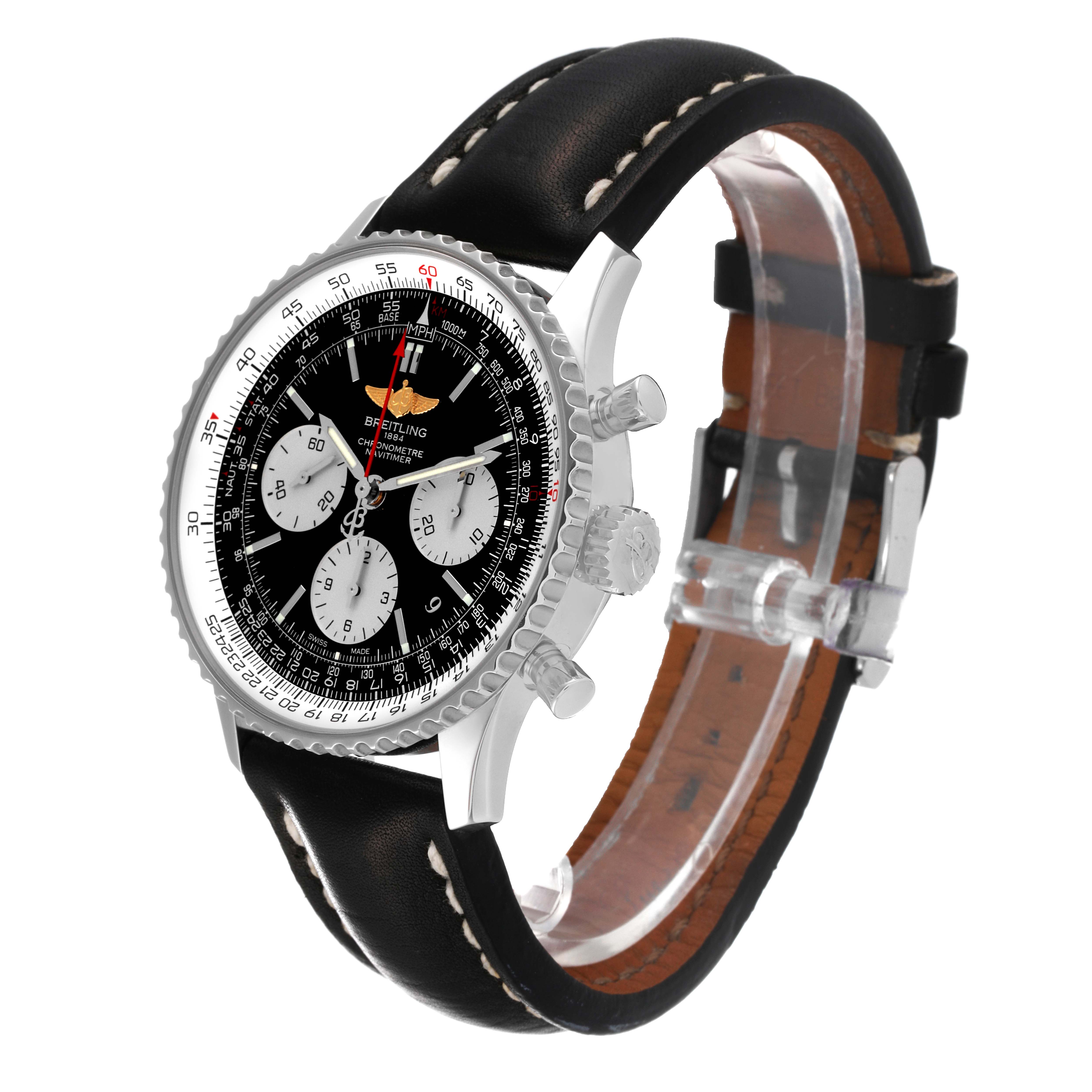 The image shows a Breitling Navitimer AB0120 Men's Stainless Steel Black Dial AB0120 Men's Stainless Steel Black Dial watch at a slightly angled, side-front view highlighting its dial, bezel, and black leather strap.
