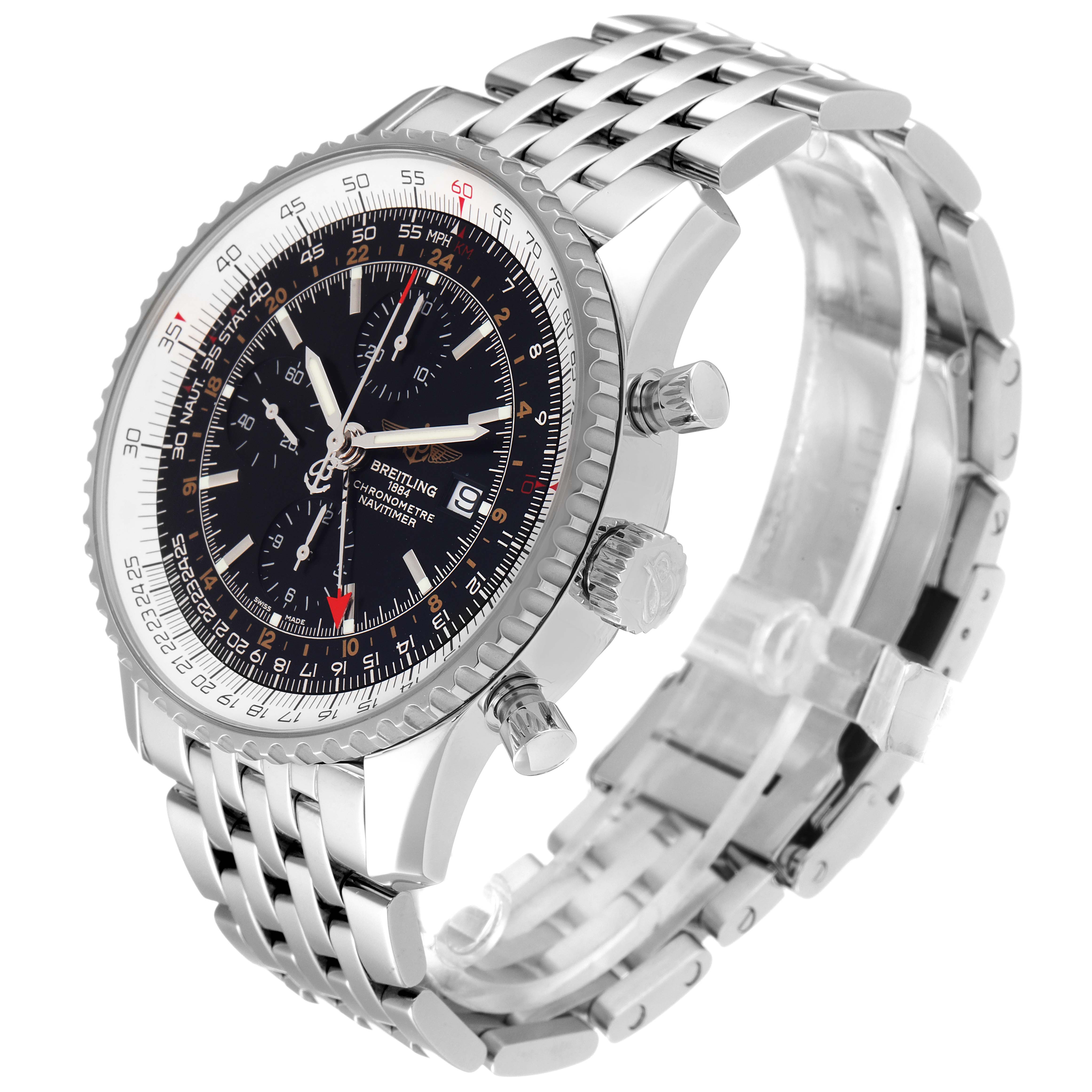 This Breitling Navitimer A24322 Men's Stainless Steel Black Dial A24322 Men's Stainless Steel Black Dial watch is shown at a three-quarter angle, highlighting the face, bezel, pushers, and bracelet.
