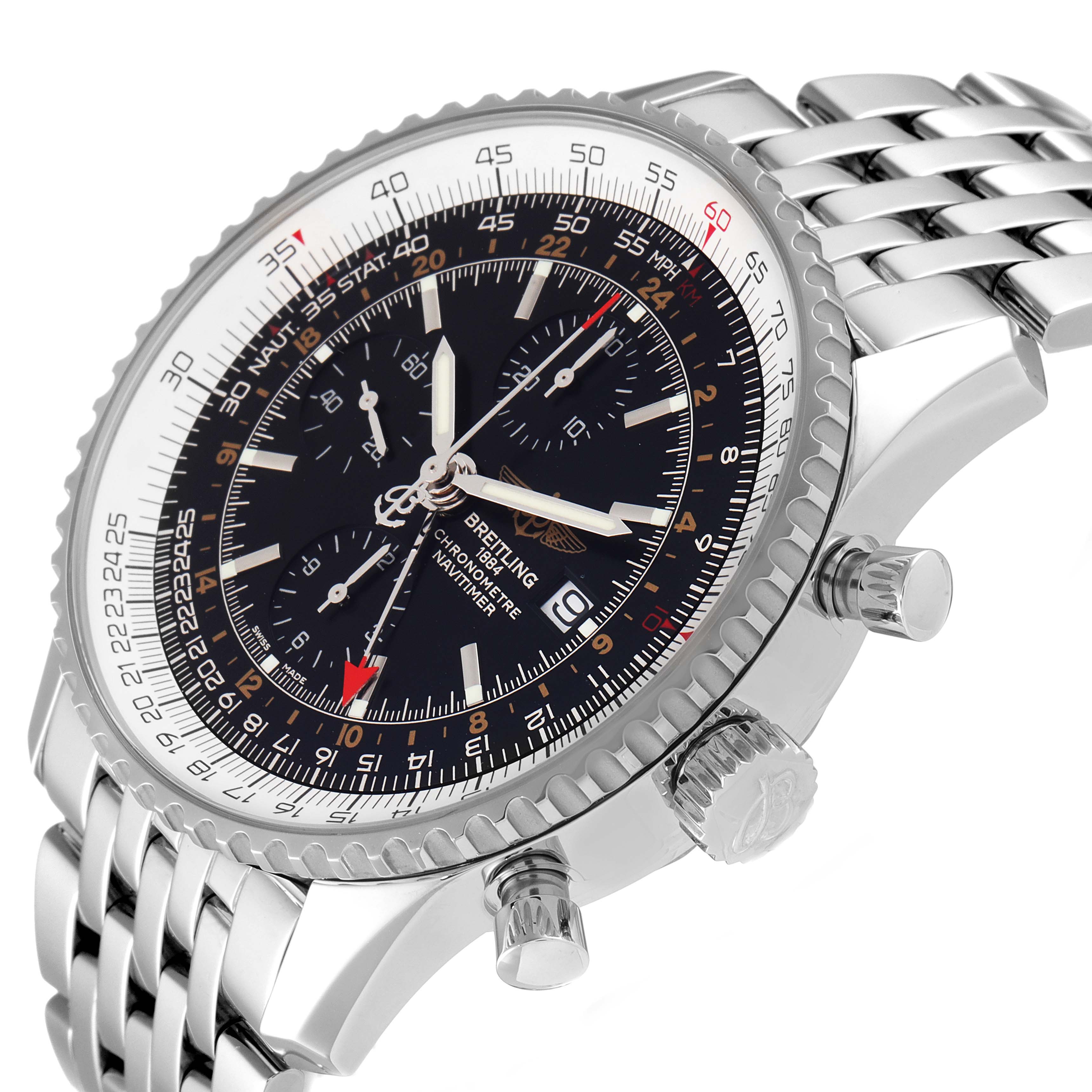The image shows a side view of a Breitling Navitimer A24322 Men's Stainless Steel Black Dial A24322 Men's Stainless Steel Black Dial watch, highlighting the dial, crown, pushers, and part of the bracelet.