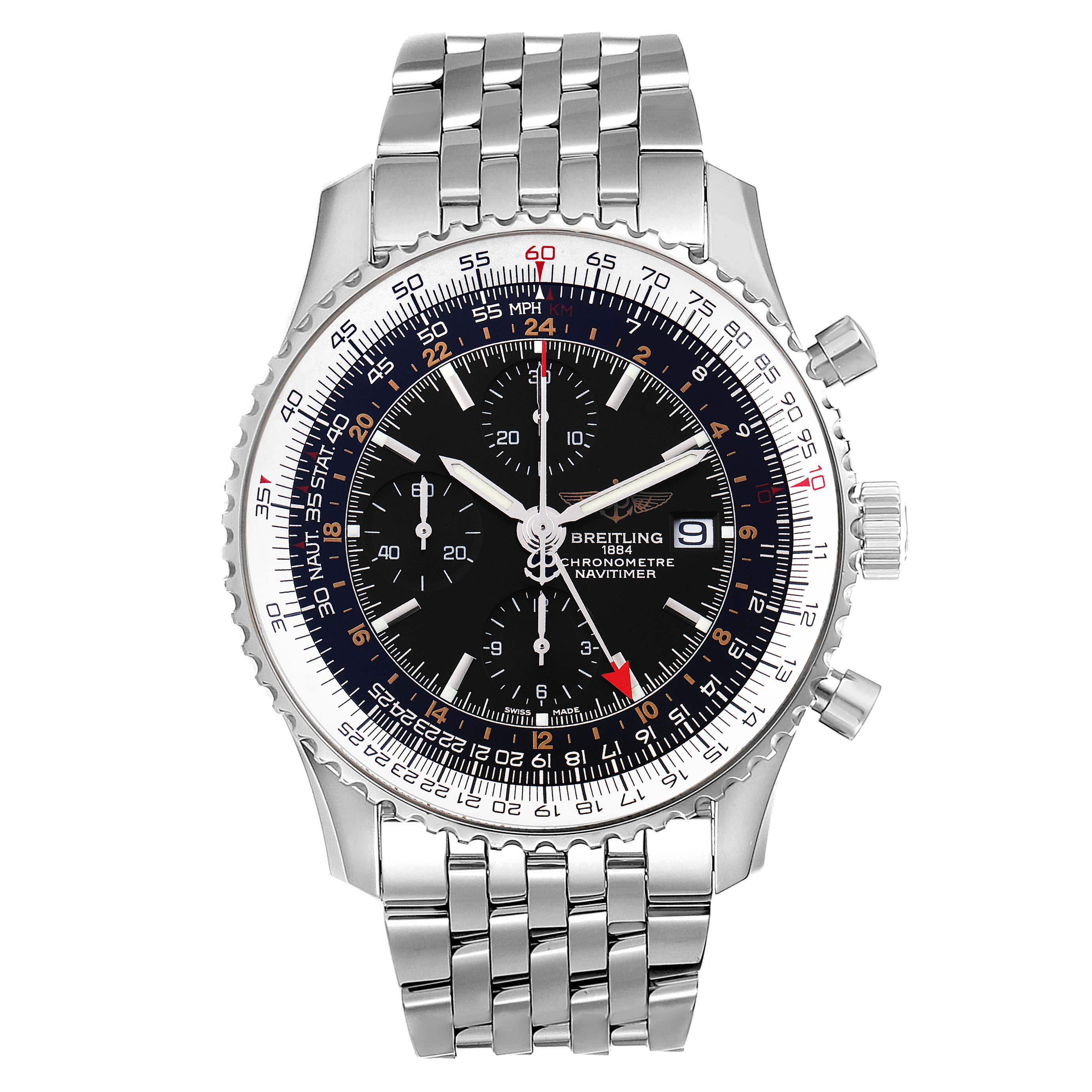 The image shows a front view of a Breitling Navitimer A24322 Men's Stainless Steel Black Dial A24322 Men's Stainless Steel Black Dial watch with a silver bracelet and a black dial.