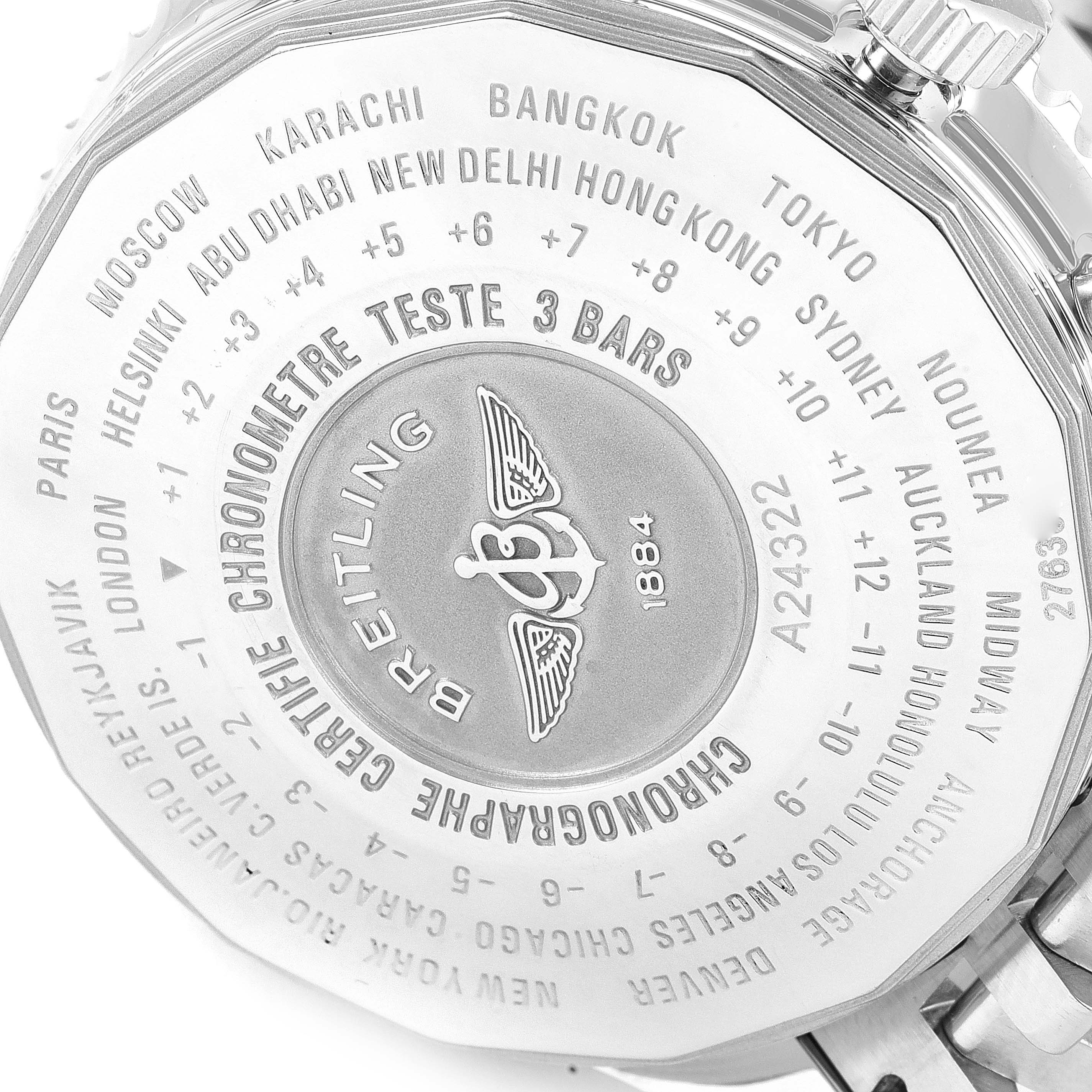 The image shows the case back of the Breitling Navitimer A24322 Men's Stainless Steel Black Dial A24322 Men's Stainless Steel Black Dial watch, highlighting detailed engravings and the brand logo.