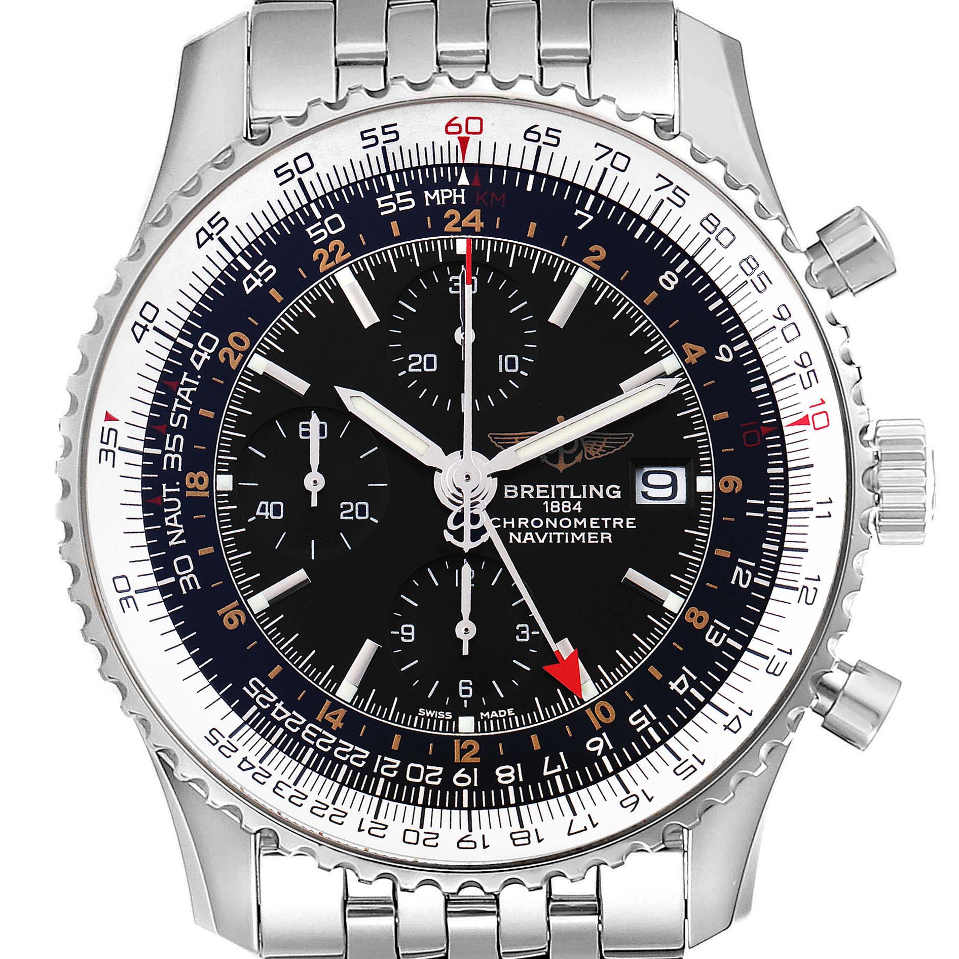 The image shows a front view of the Breitling Navitimer A24322 Men's Stainless Steel Black Dial A24322 Men's Stainless Steel Black Dial watch, displaying its dial, bezel, chronograph, and bracelet.