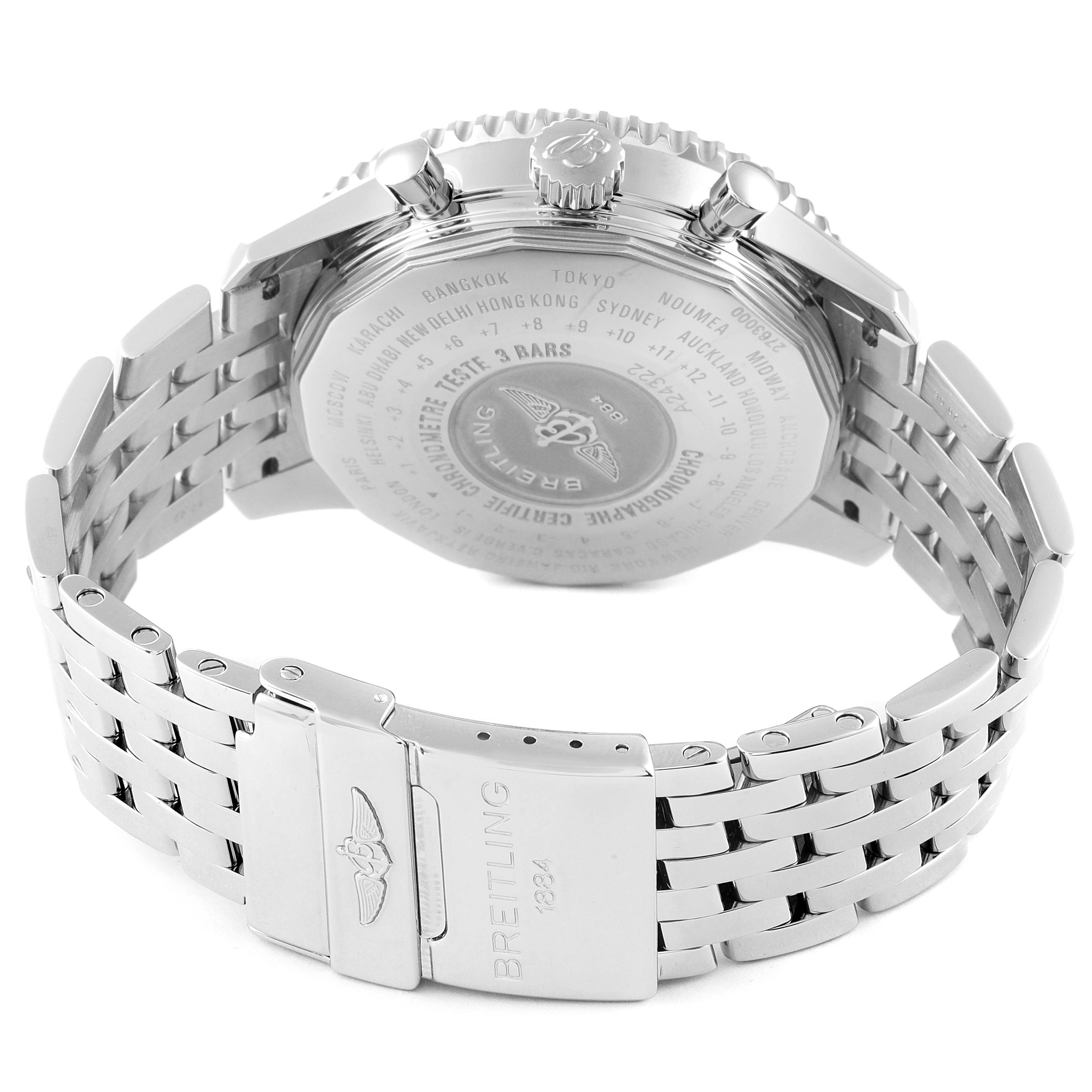 The image shows the back view of a Breitling Navitimer A24322 Men's Stainless Steel Black Dial A24322 Men's Stainless Steel Black Dial watch, highlighting the clasp, bracelet, and case back.