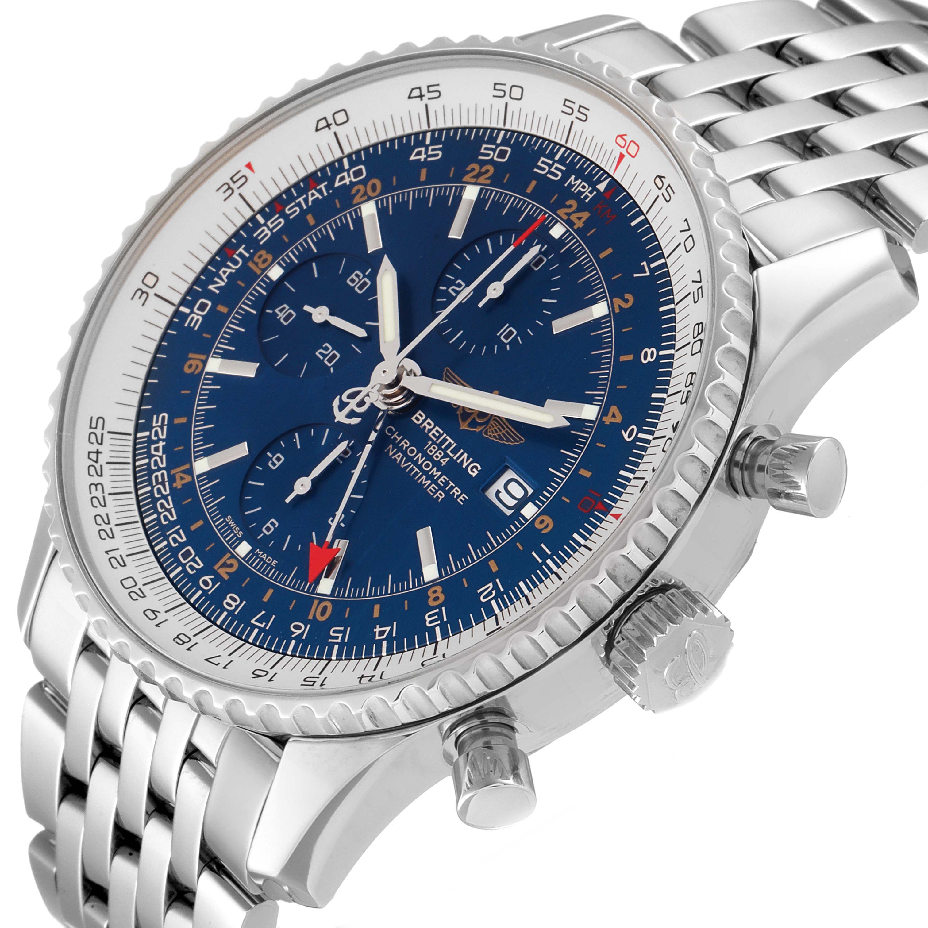 The image shows a Breitling Navitimer A24322 Men
s Stainless Steel Blue Dial A24322 Men
s Stainless Steel Blue Dial watch at an angled view, highlighting the face, buttons, and part of the metal strap.
