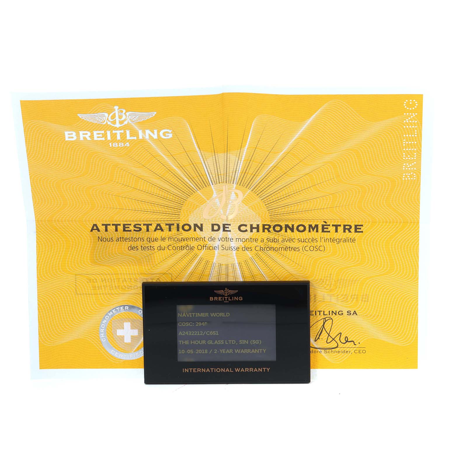 The image shows the Chronometer Certificate and International Warranty card for a Breitling Navitimer A24322 Men
s Stainless Steel Blue Dial A24322 Men
s Stainless Steel Blue Dial model.