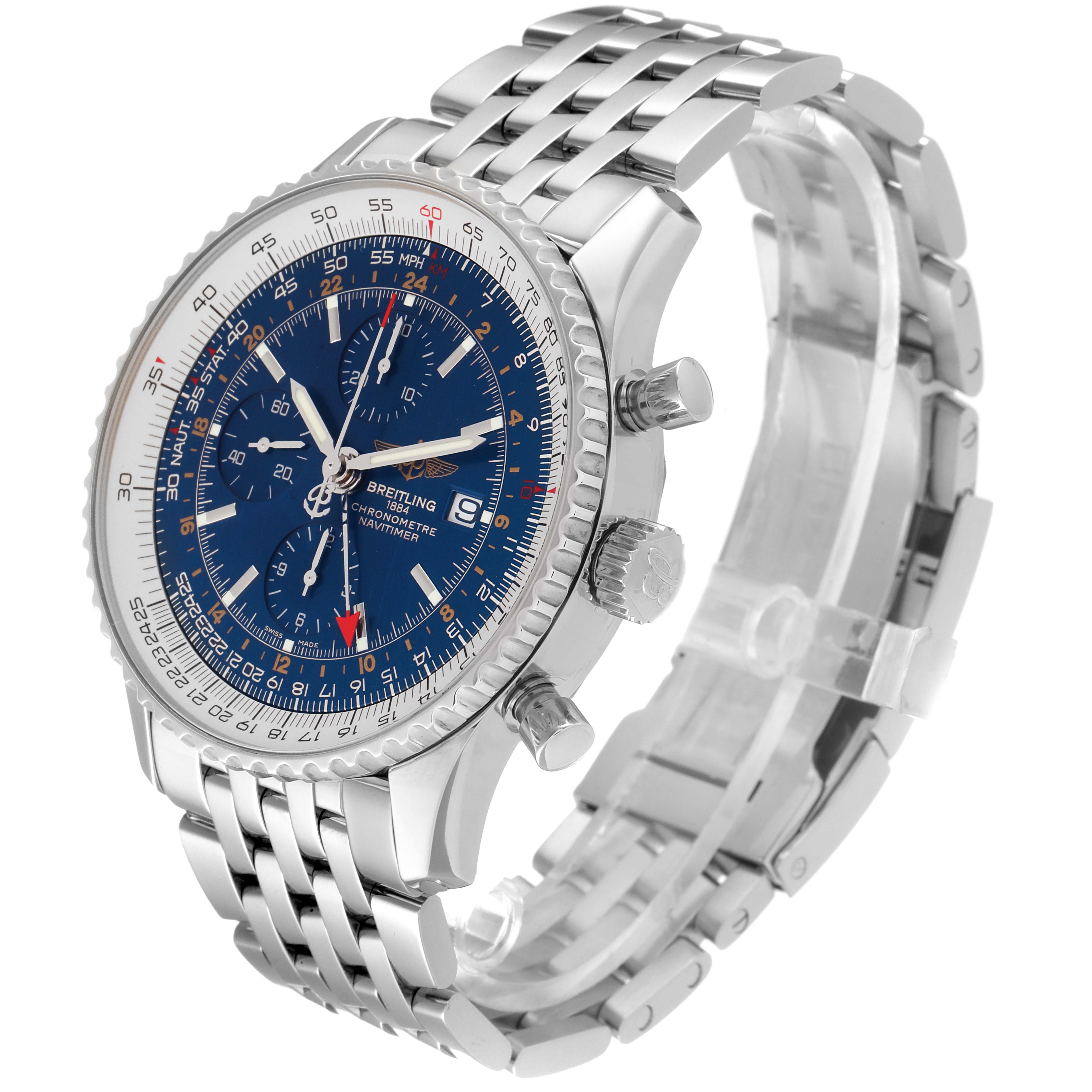 This Breitling Navitimer A24322 Men
s Stainless Steel Blue Dial A24322 Men
s Stainless Steel Blue Dial watch is shown from an oblique angle, displaying the face, bezel, crown, and stainless-steel bracelet.