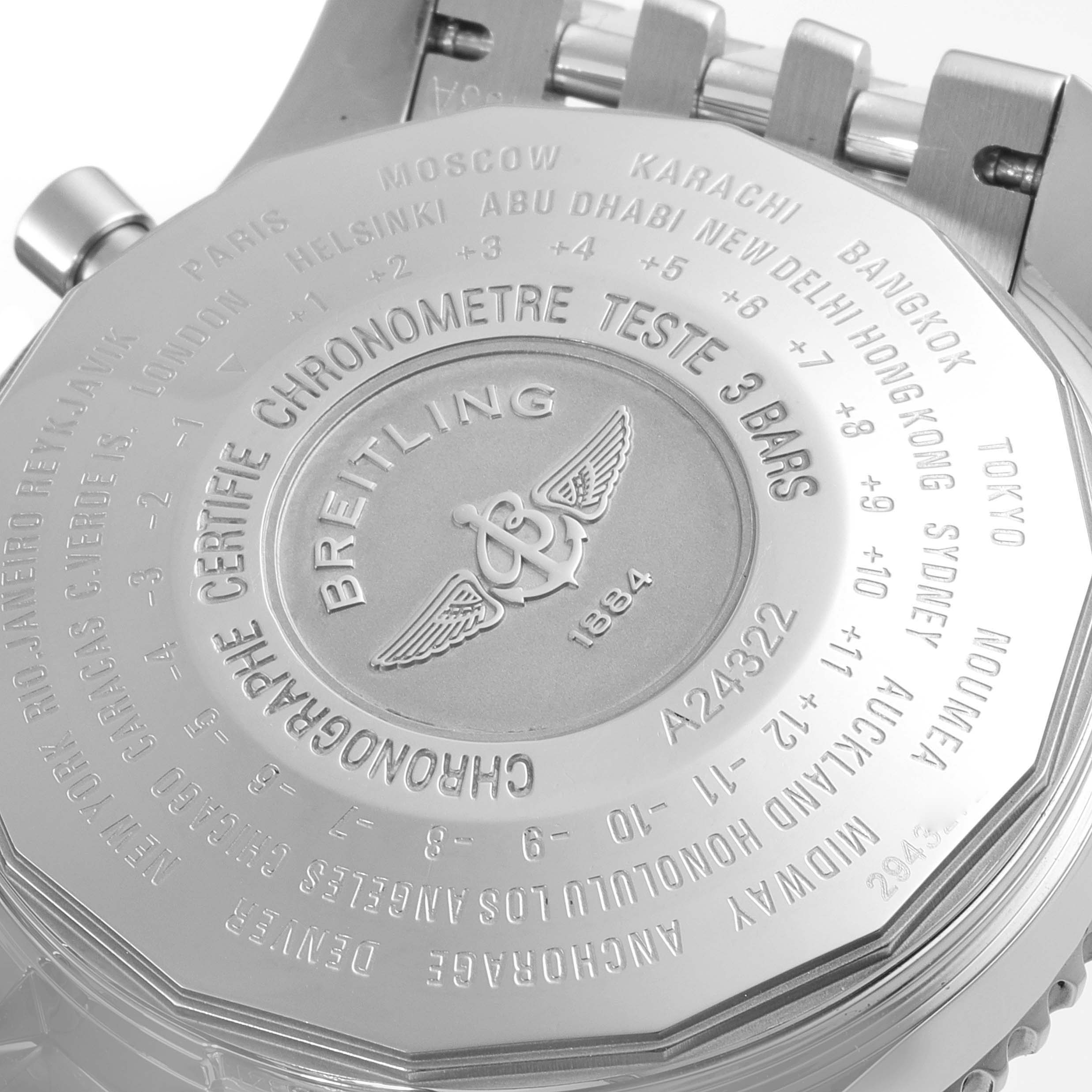 This image shows the back of a Breitling Navitimer A24322 Men
s Stainless Steel Blue Dial A24322 Men
s Stainless Steel Blue Dial watch, displaying engravings including time zones and the brand
s logo.