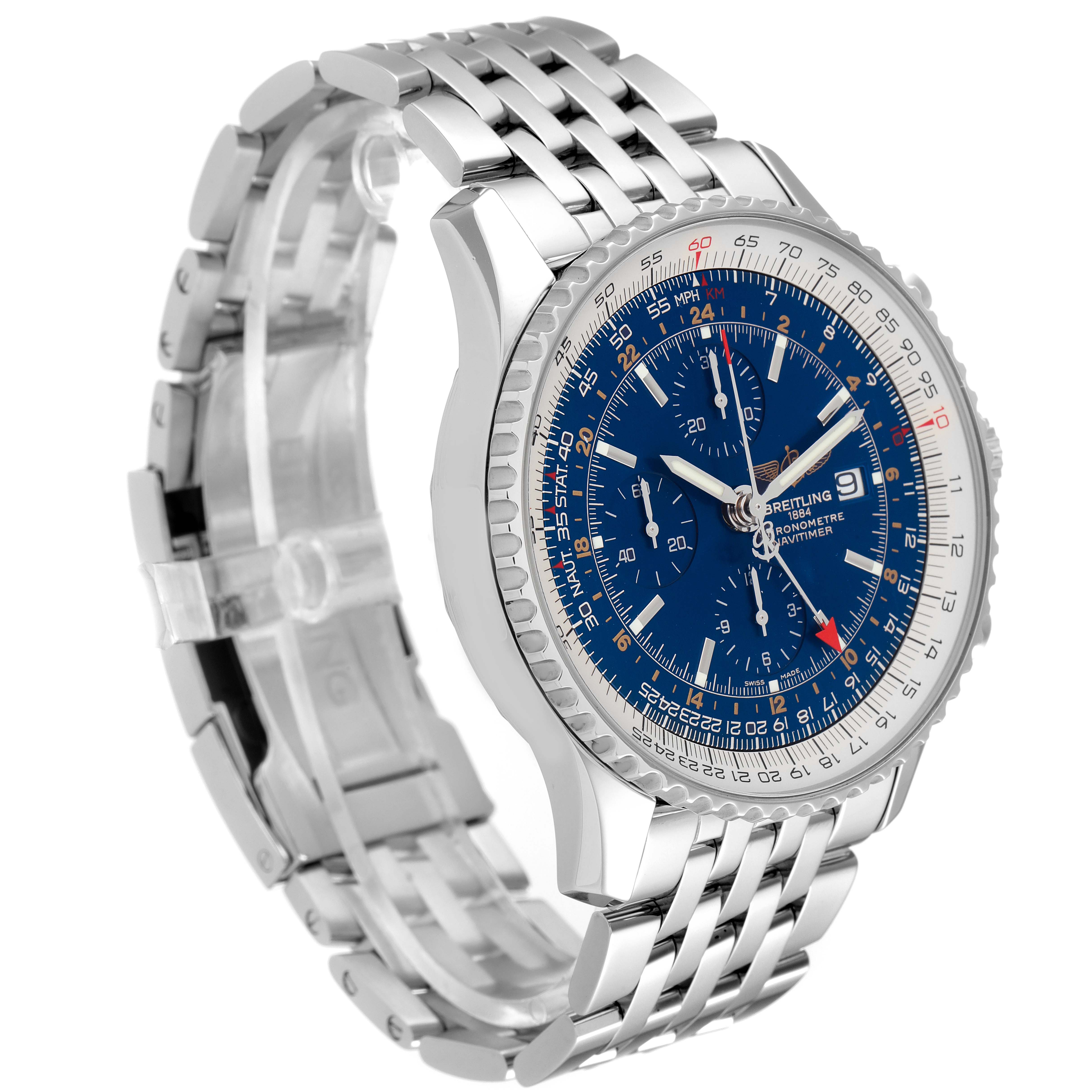 This image shows a side angle of a Breitling Navitimer A24322 Men
s Stainless Steel Blue Dial A24322 Men
s Stainless Steel Blue Dial watch, highlighting its blue dial, chronograph sub-dials, and stainless steel bracelet.