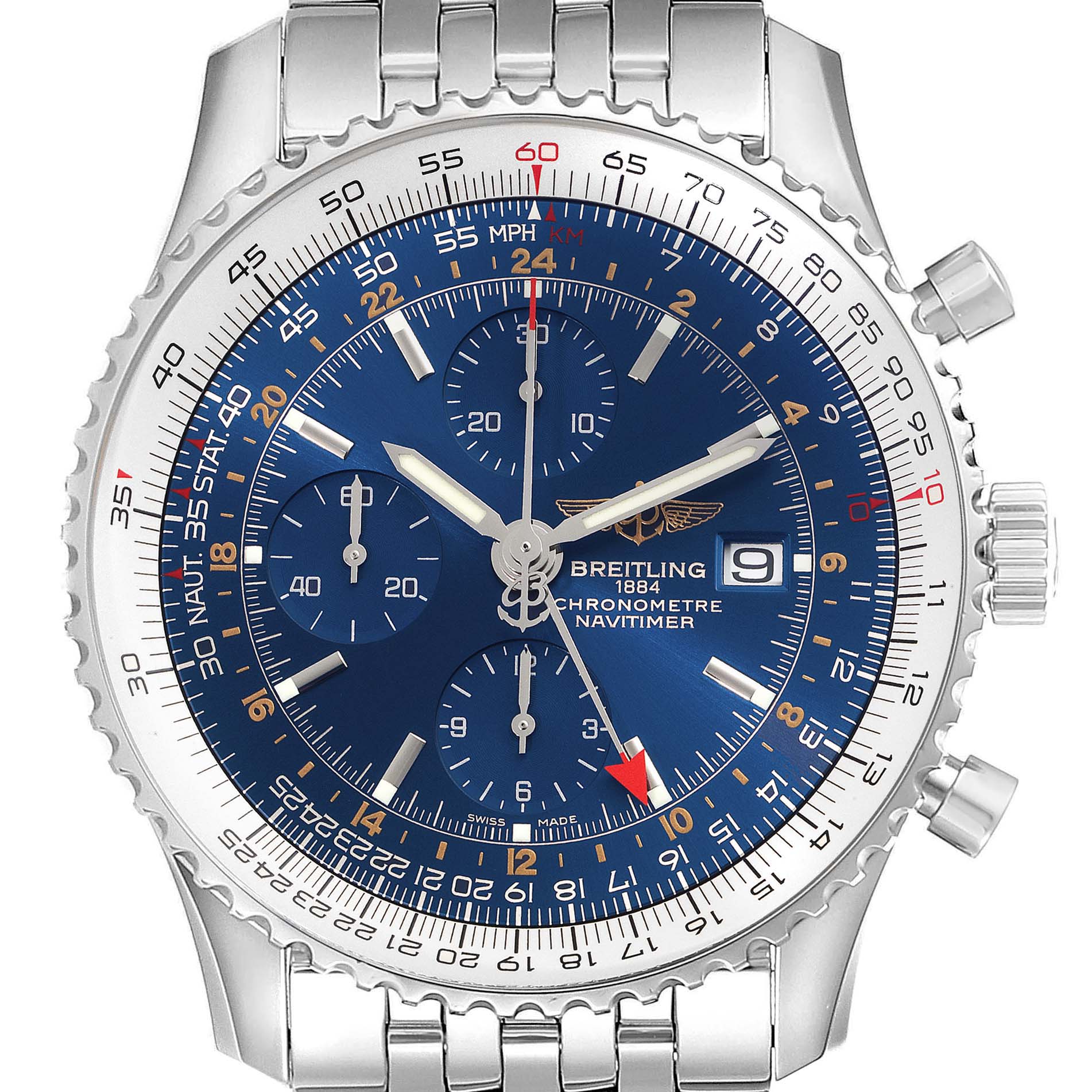 The image shows a front view of a Breitling Navitimer A24322 Men
s Stainless Steel Blue Dial A24322 Men
s Stainless Steel Blue Dial watch, displaying its blue dial, chronograph subdials, and date window.