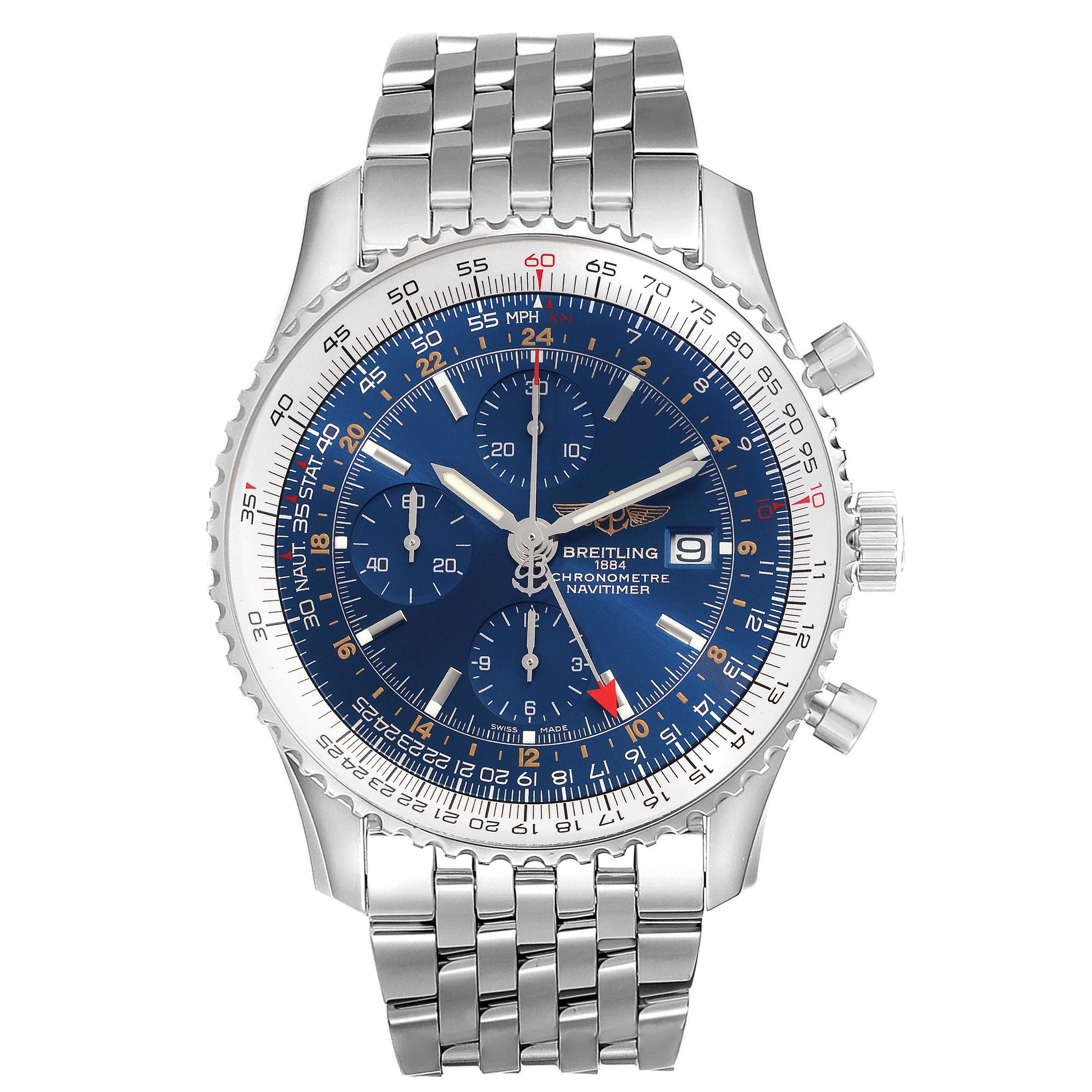 The image shows a Breitling Navitimer A24322 Men
s Stainless Steel Blue Dial A24322 Men
s Stainless Steel Blue Dial watch from a front angle, displaying its blue dial, chronograph subdials, and stainless steel bracelet.