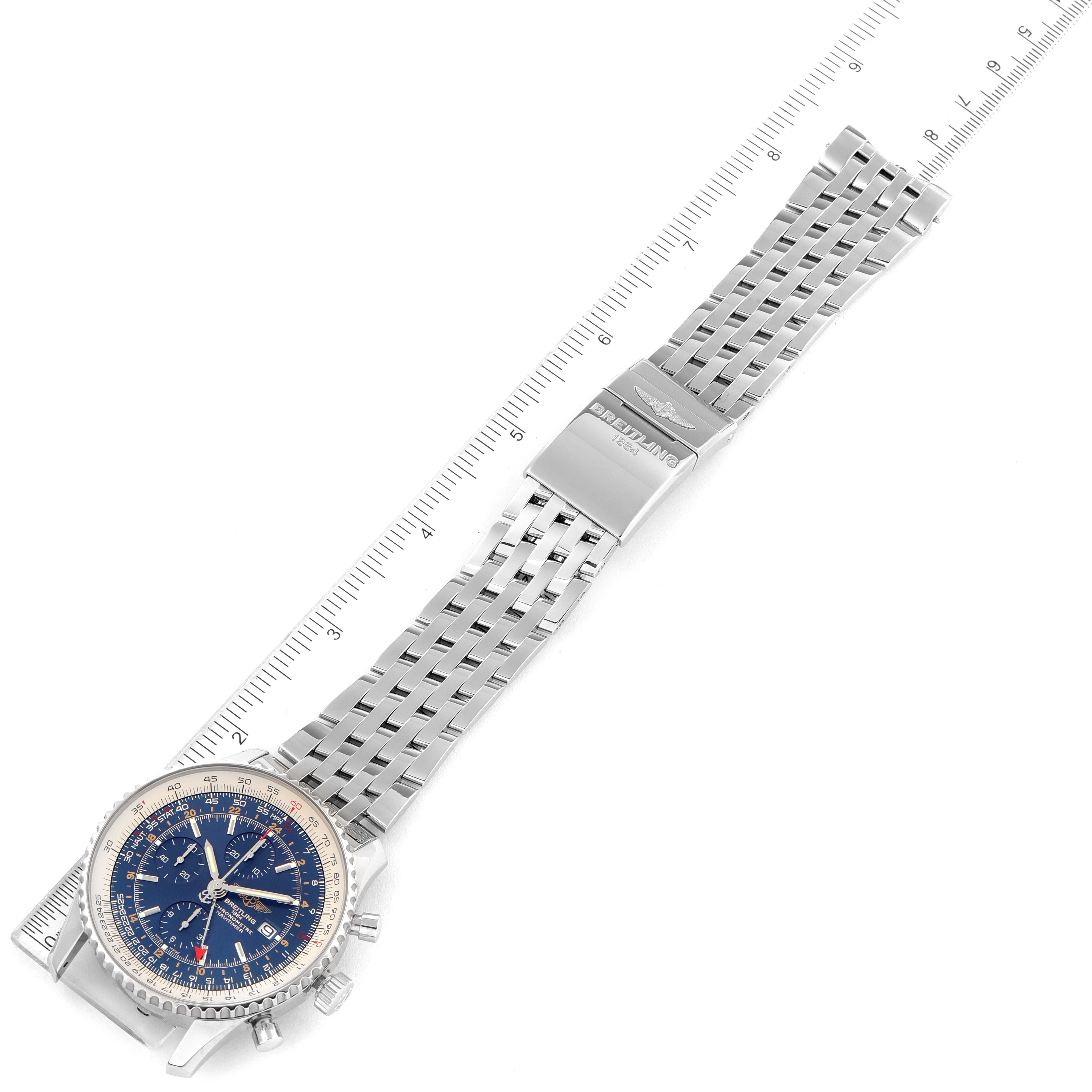 The image shows a Breitling Navitimer A24322 Men
s Stainless Steel Blue Dial A24322 Men
s Stainless Steel Blue Dial watch with a blue dial and stainless steel bracelet lying flat, measured with a ruler.