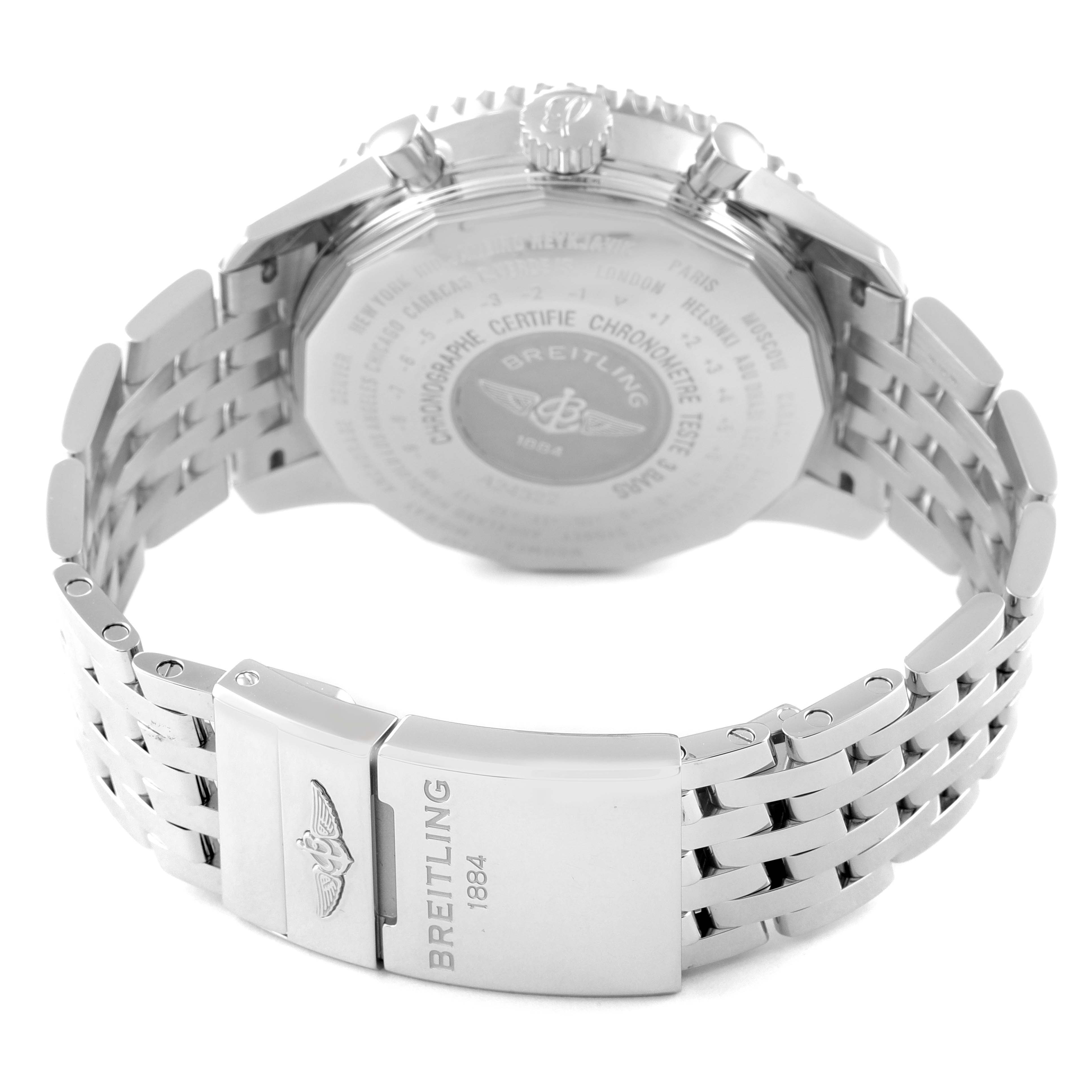 The image shows a Breitling Navitimer A24322 Men
s Stainless Steel Blue Dial A24322 Men
s Stainless Steel Blue Dial watch from the back, highlighting the case back, crown, pushers, and metal bracelet with clasp.