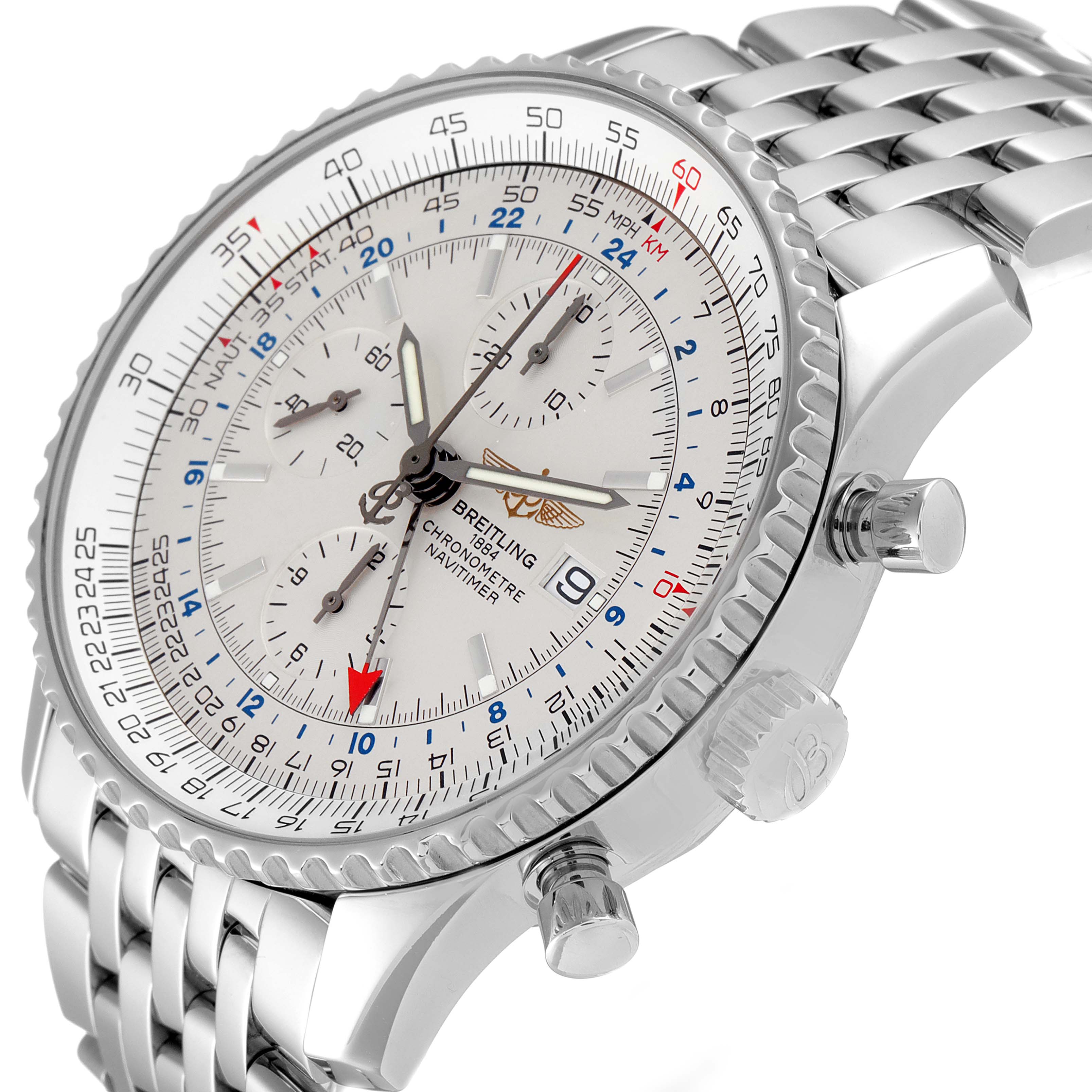 The image shows the face and side view of the Breitling Navitimer A24322 Men's Stainless Steel Silver Dial A24322 Men's Stainless Steel Silver Dial watch, highlighting the dial, bezel, and metal bracelet.