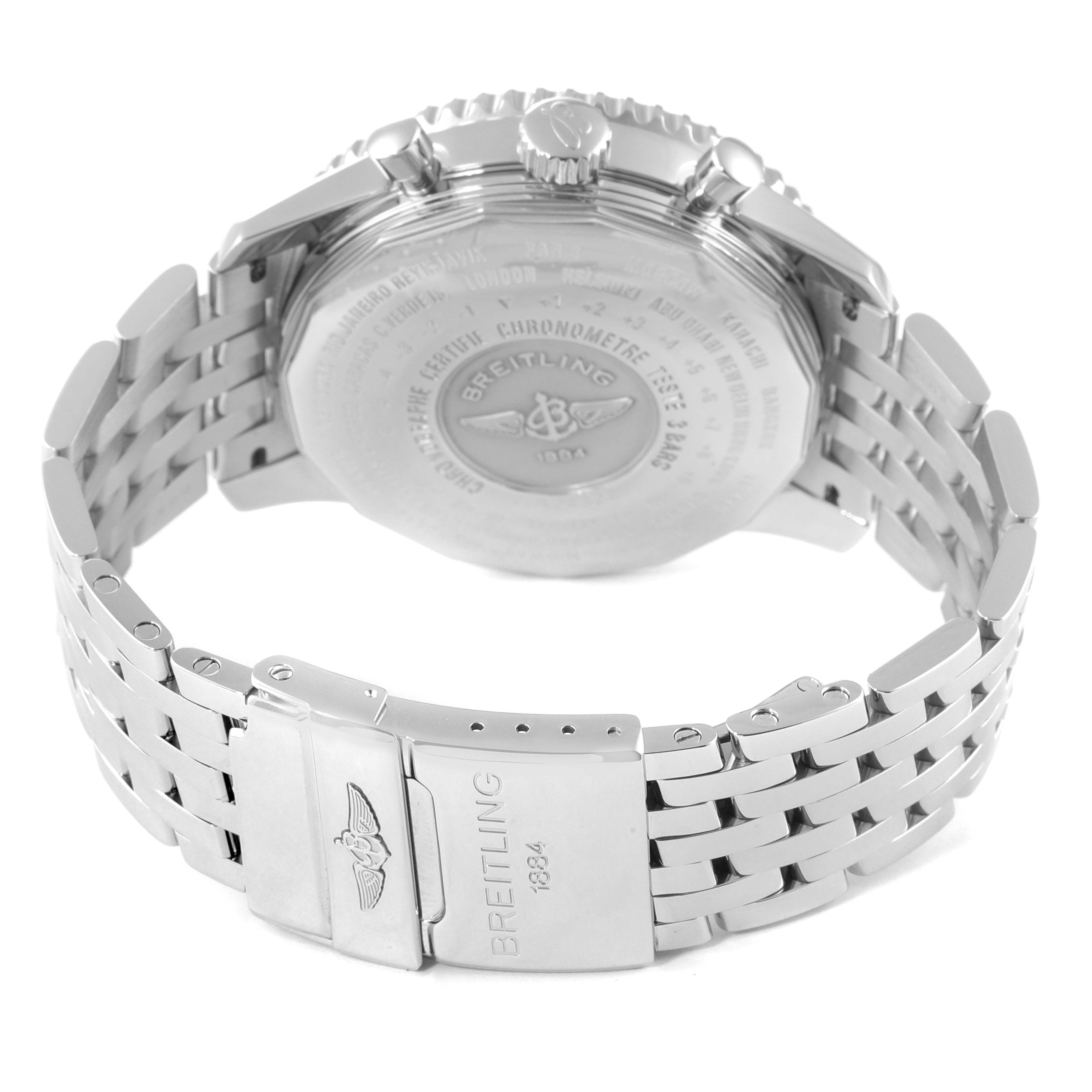This image shows the back case and clasp of the Breitling Navitimer A24322 Men's Stainless Steel Silver Dial A24322 Men's Stainless Steel Silver Dial watch from a rear angle.