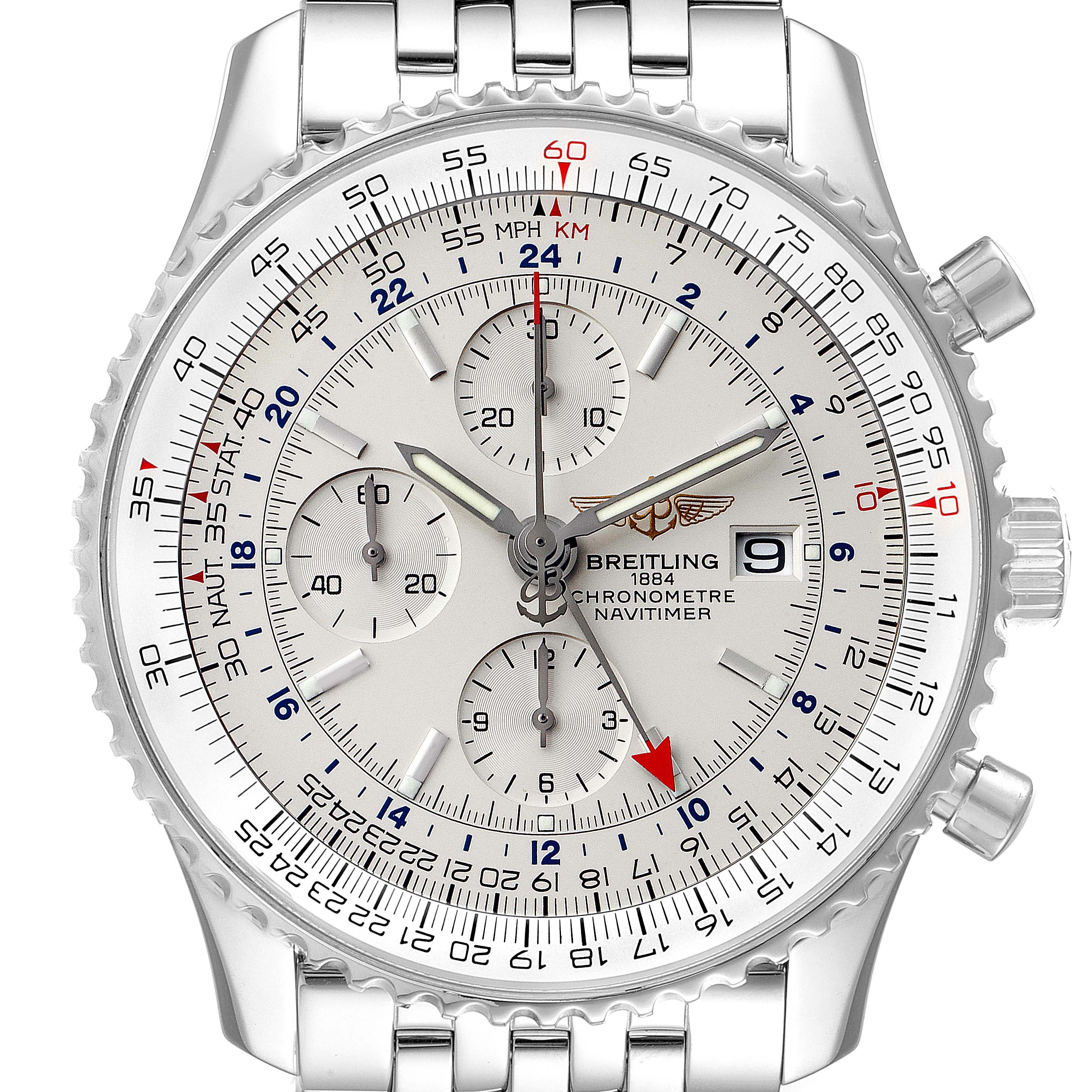 The image shows a front view of the Breitling Navitimer A24322 Men's Stainless Steel Silver Dial A24322 Men's Stainless Steel Silver Dial watch, featuring its dial, bezel, crown, and bracelet.