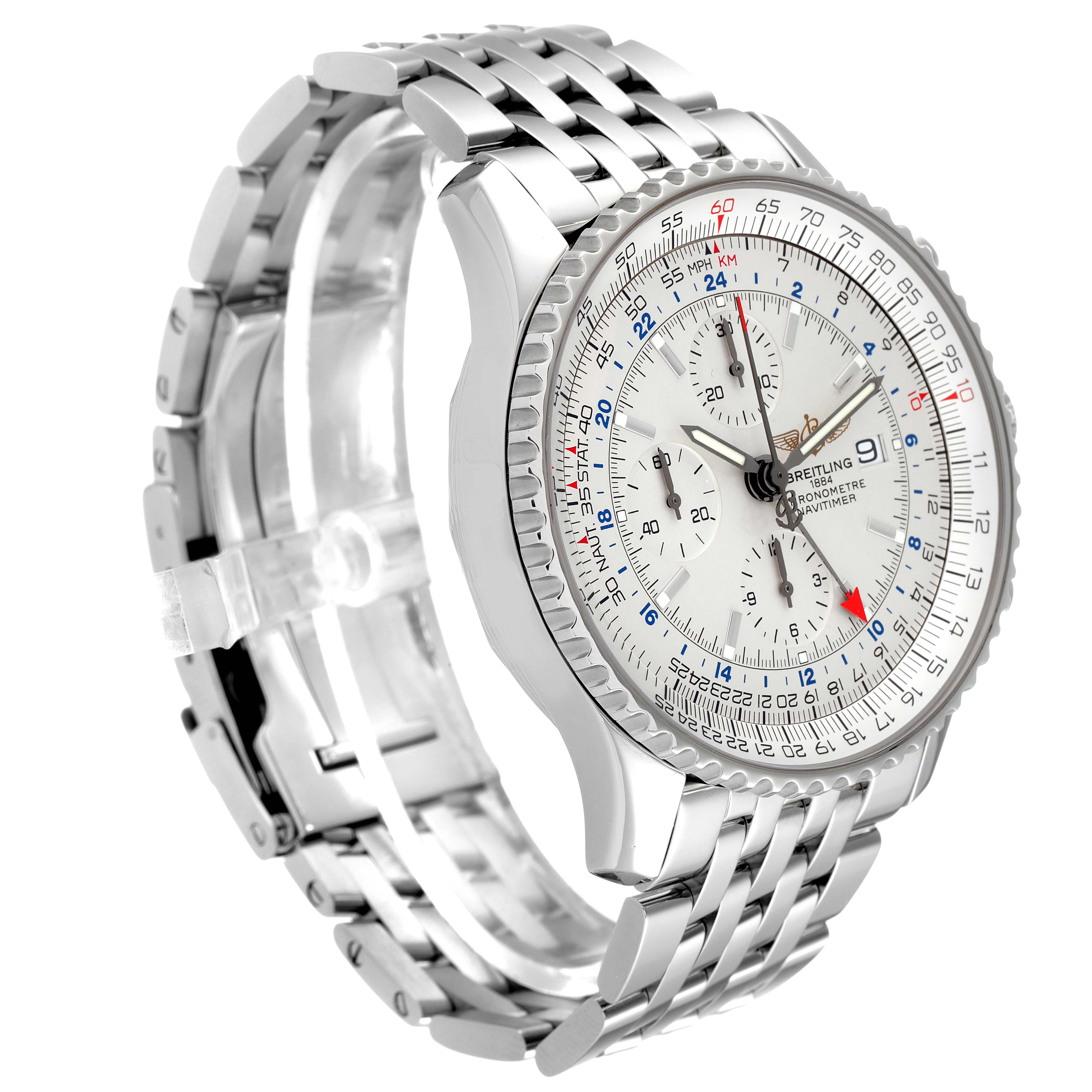 The image shows a side angle view of the Breitling Navitimer A24322 Men's Stainless Steel Silver Dial A24322 Men's Stainless Steel Silver Dial watch, highlighting its face, bezel, and metal bracelet.
