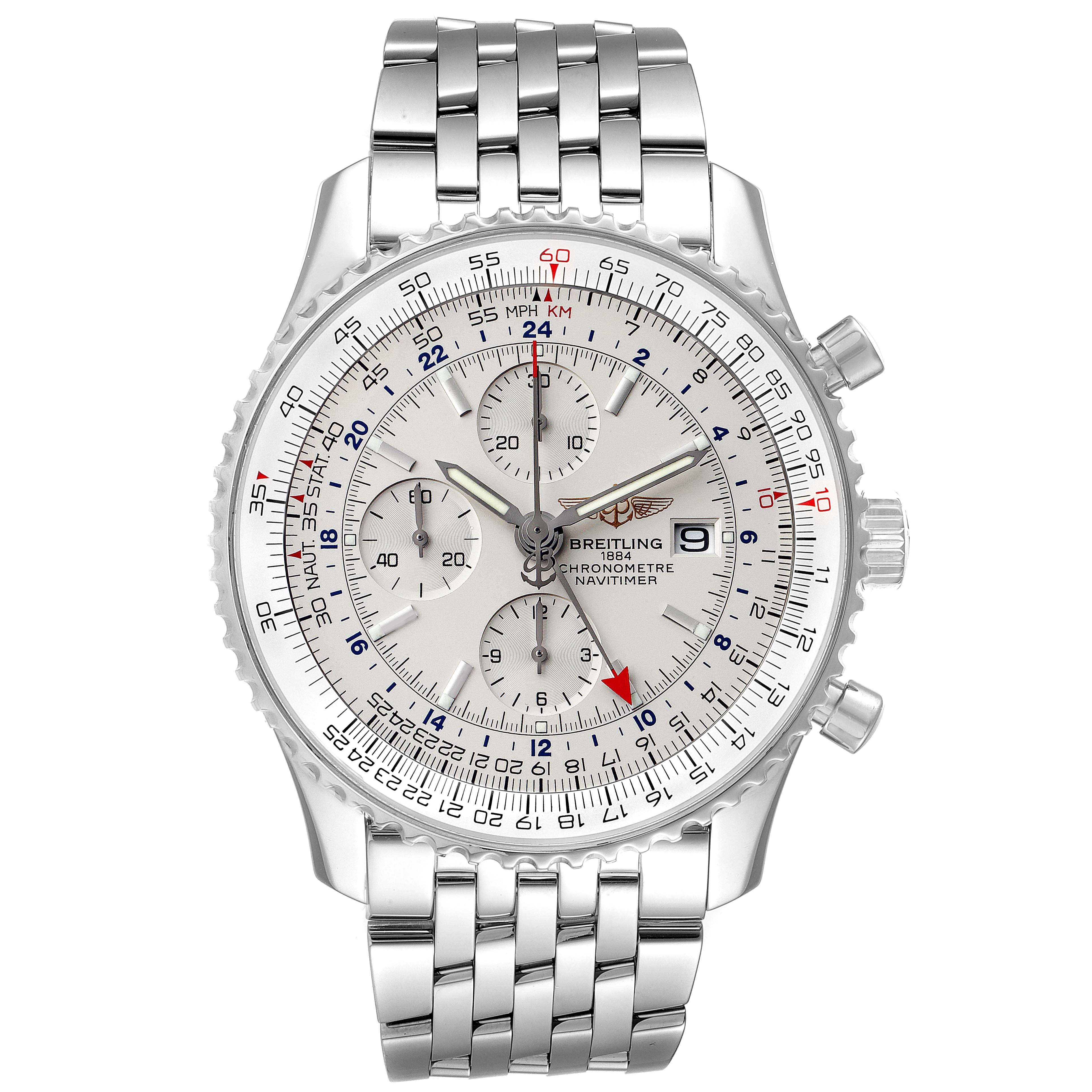The image shows a front view of a Breitling Navitimer A24322 Men's Stainless Steel Silver Dial A24322 Men's Stainless Steel Silver Dial watch, displaying the dial, bezel, crown, and bracelet.