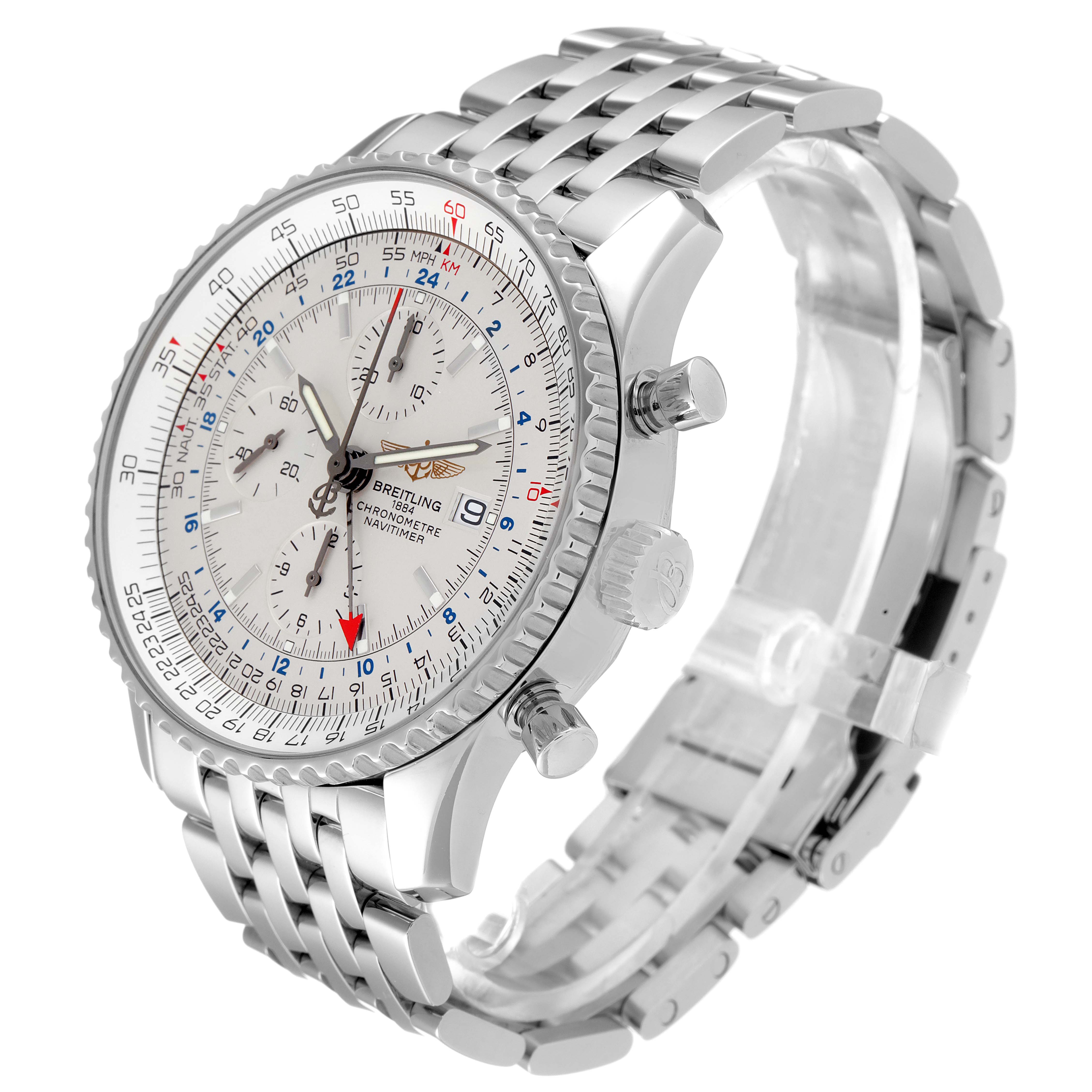 This image shows the Breitling Navitimer A24322 Men's Stainless Steel Silver Dial A24322 Men's Stainless Steel Silver Dial watch at a slight angle, highlighting its dial, bezel, crown, and stainless steel bracelet.