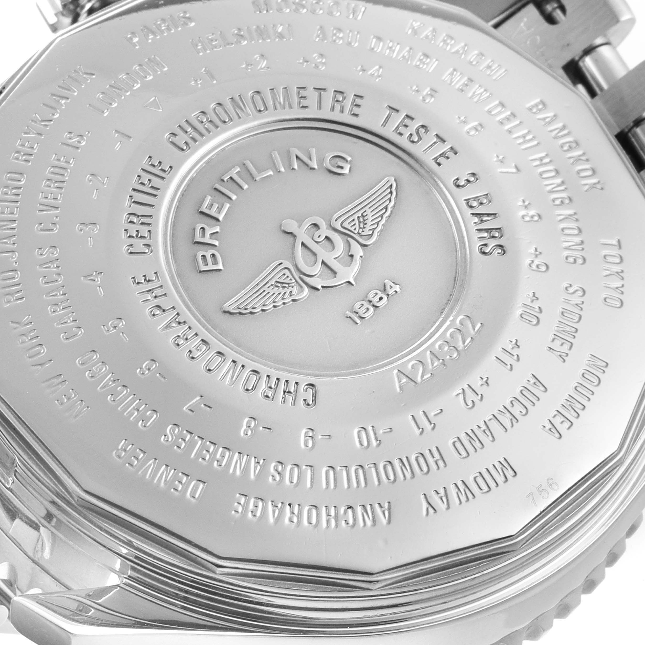 The image shows the engraved back of a Breitling Navitimer A24322 Men's Stainless Steel Silver Dial A24322 Men's Stainless Steel Silver Dial watch at a slight angle.