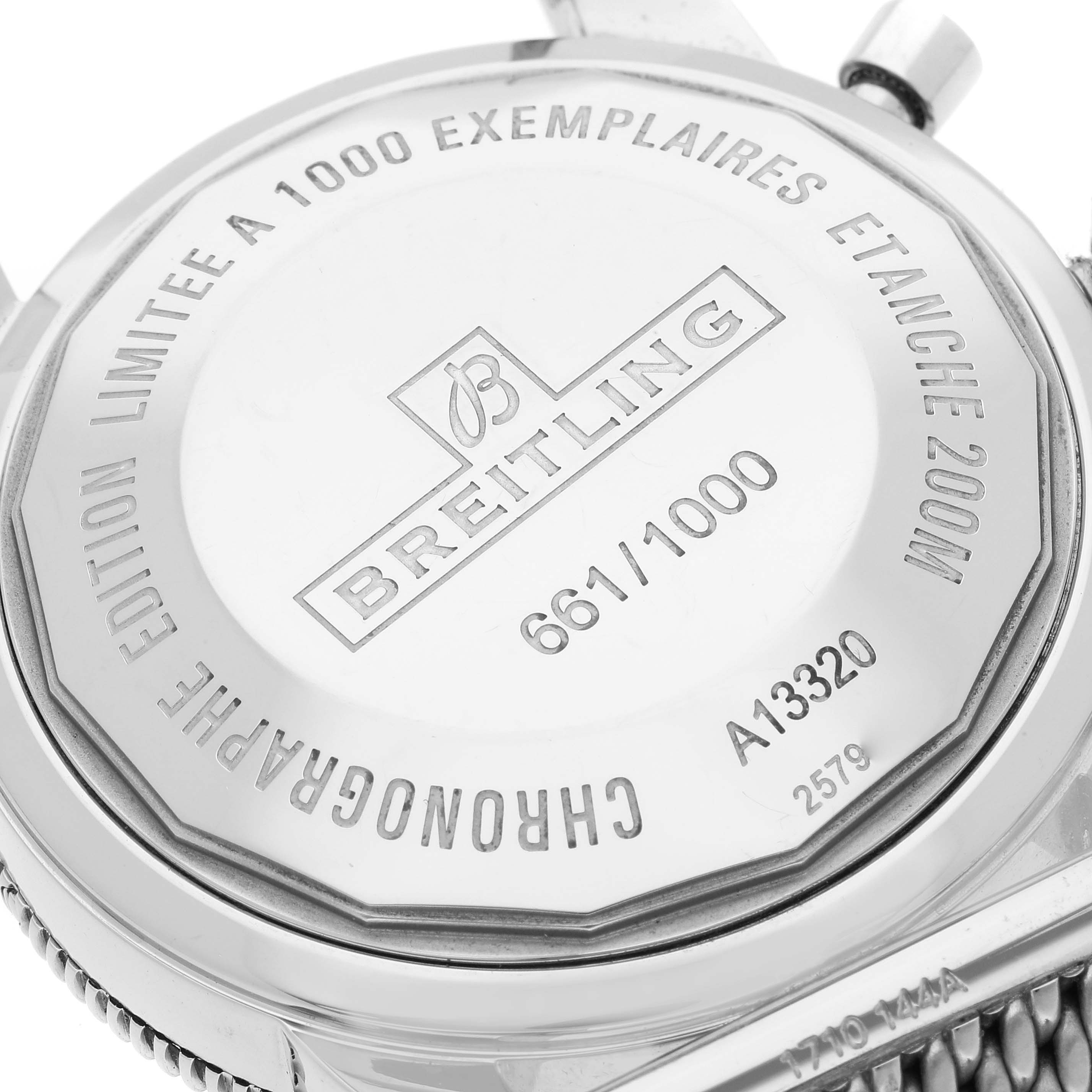 The image shows the rear caseback of a Breitling Superocean A13320 Men's Stainless Steel Black Dial A13320 Men's Stainless Steel Black Dial watch, highlighting its limited edition number and water resistance.