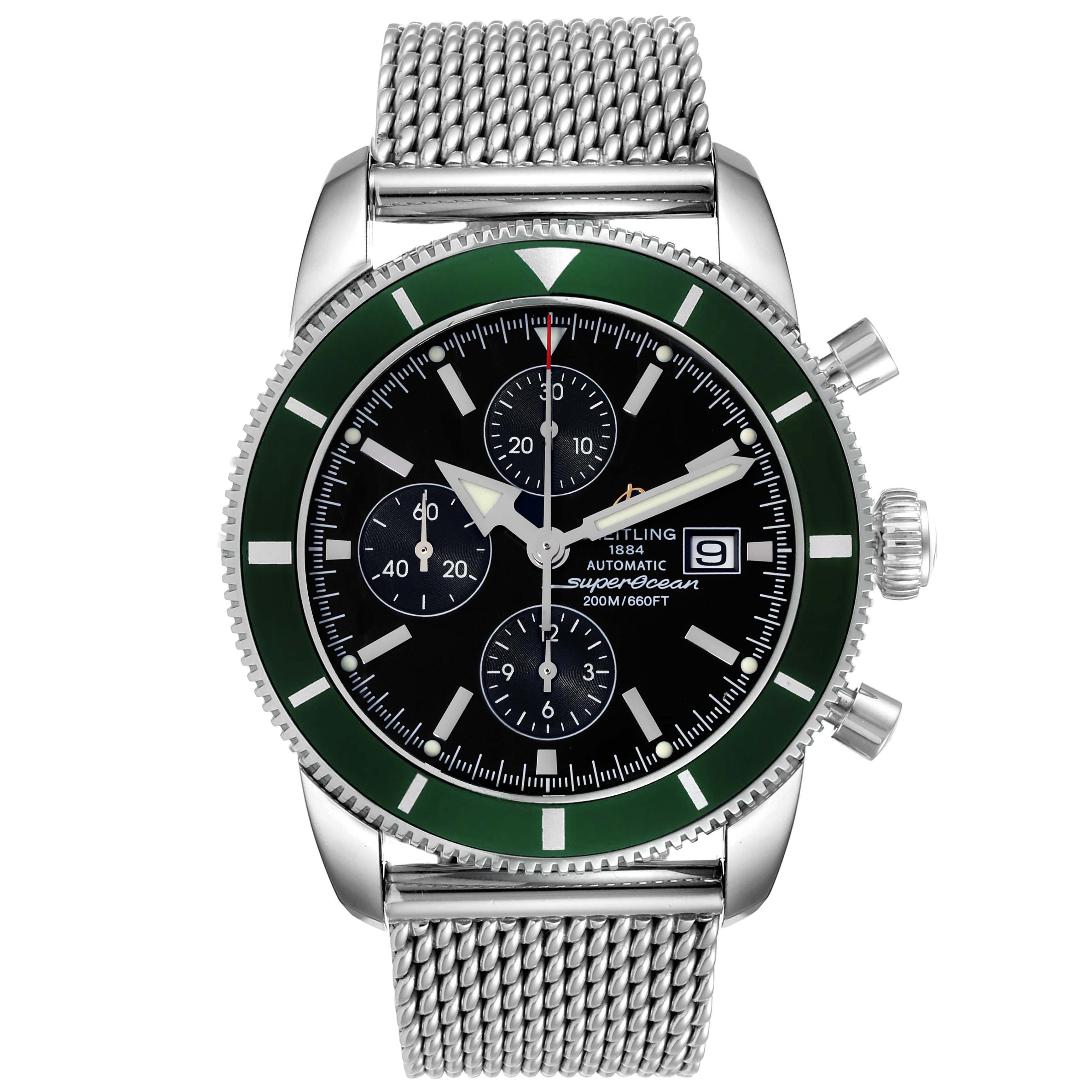 The image shows a front view of the Breitling Superocean A13320 Men's Stainless Steel Black Dial A13320 Men's Stainless Steel Black Dial watch, highlighting the dial, bezel, pushers, and mesh band.