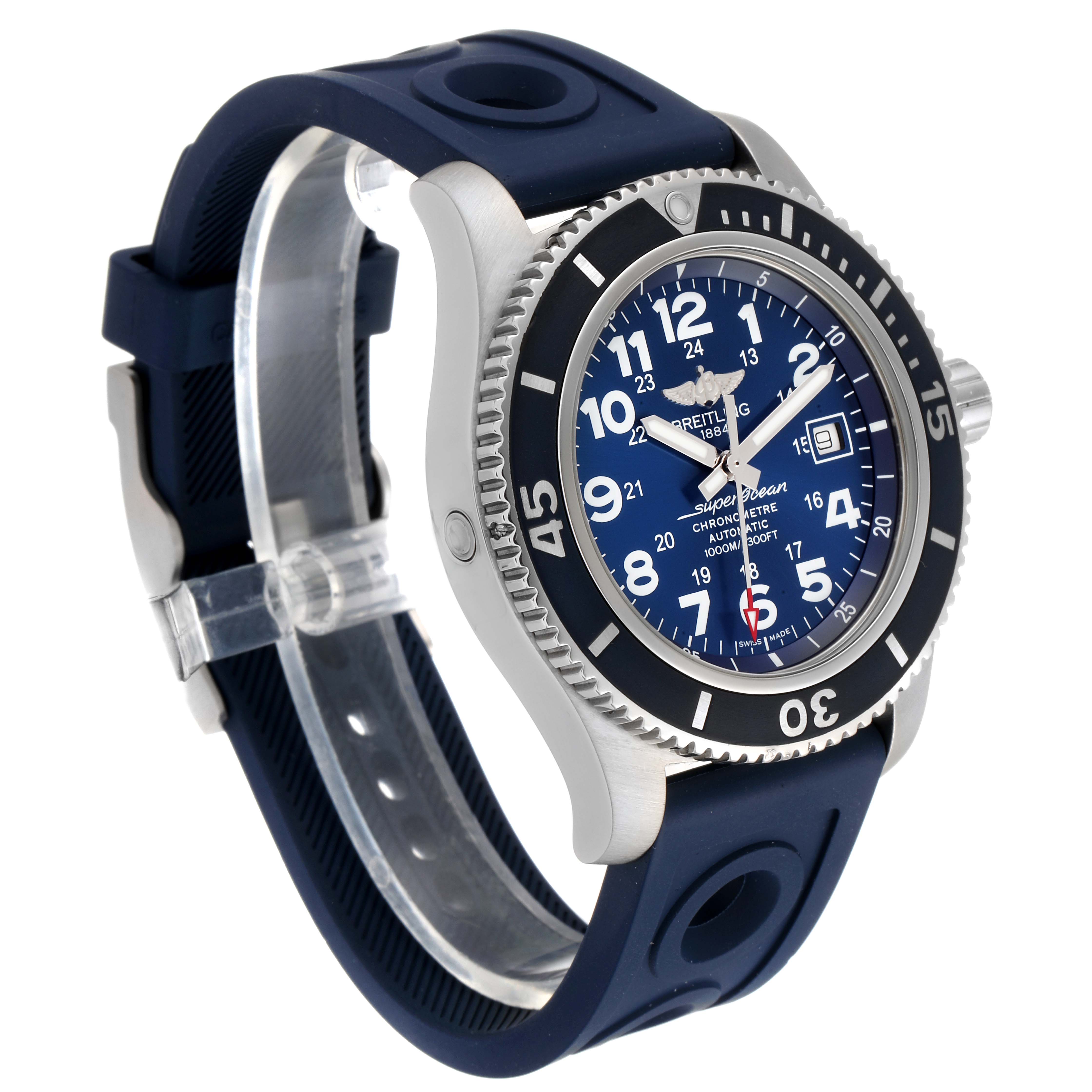 The Breitling Superocean A17392 Men
s Stainless Steel Blue Dial A17392 Men
s Stainless Steel Blue Dial watch is shown at a three-quarter angle, highlighting the blue rubber strap, bezel, and dial.