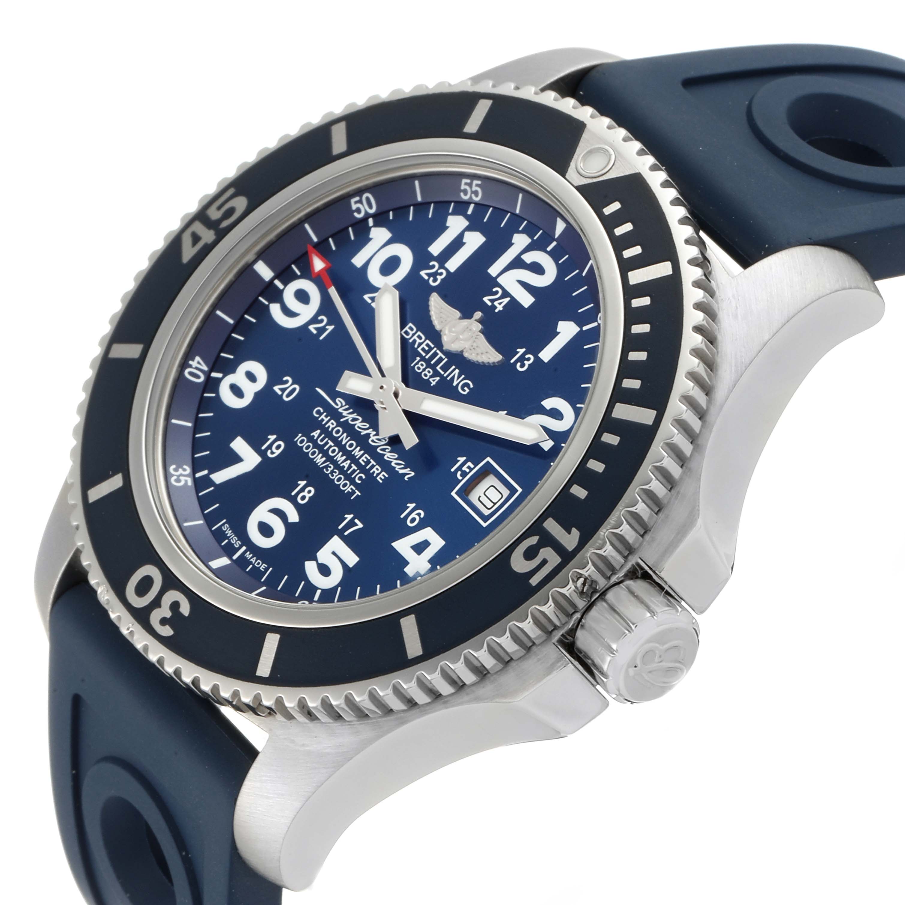 The image shows an angled view of the Breitling Superocean A17392 Men
s Stainless Steel Blue Dial A17392 Men
s Stainless Steel Blue Dial watch, highlighting the dial, bezel, crown, and part of the strap.